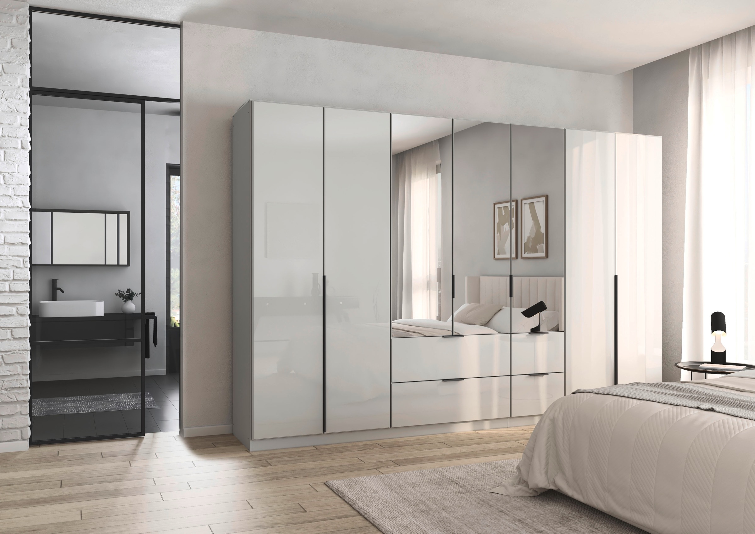 rauch Drehtürenschrank »Kleiderschrank Kleiderschränke Schrank Garderobe AGORDO mit Glasfront«, (in zwei Griff-Farben, Breiten 91-360 cm), mit Außenschubkästen, in 7 Breiten und 2 Höhen MADE IN GERMANY
