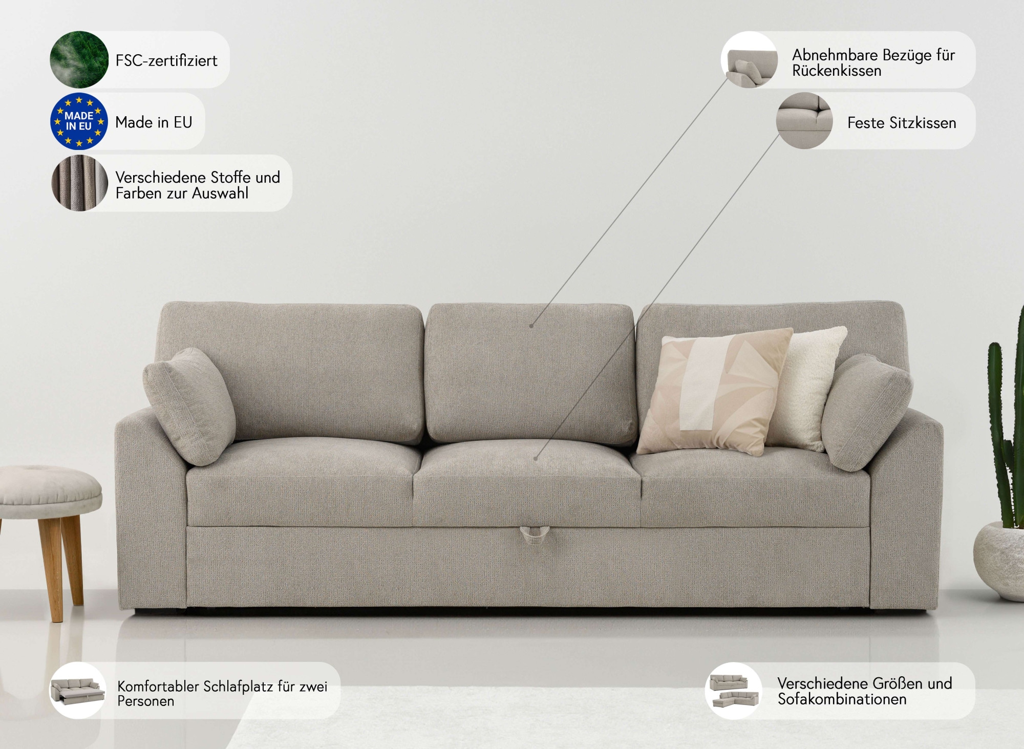 Home affaire 3-Sitzer »Citry«, Breite 233 cm, Chenille, mit Bettfunktion, Liegefläche 144x190 cm