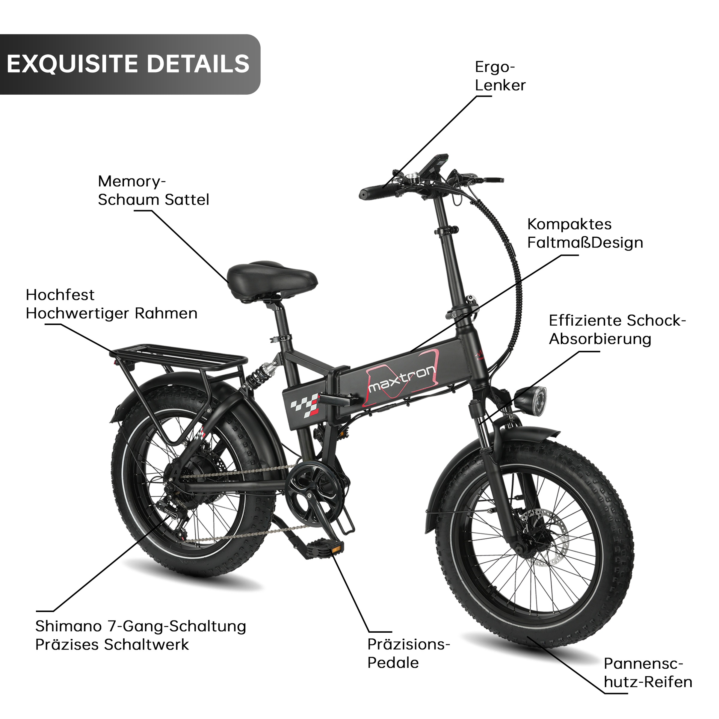 Maxtron »Maxtron Polaris 20-Zoll Elektro-Fatbike« 7 Gang Shimano Kettenschaltung Heckmotor 250 W Packung,  mit 60 Nm Power – perfekt für City-Pendler