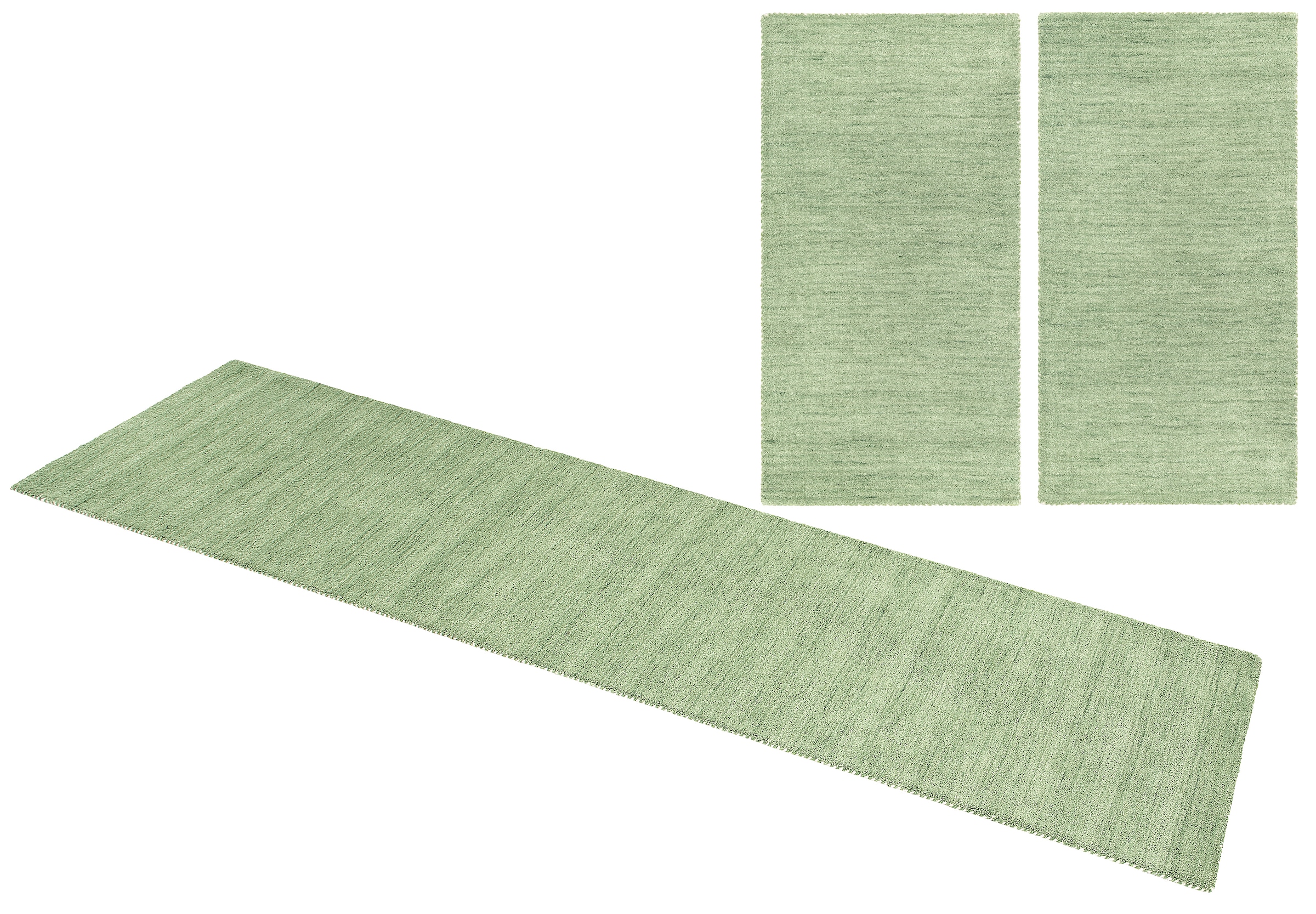 THEKO Bettumrandung »Gabbeh Uni, Handweb Teppich, meliert, reine Wolle« Höhe 14 mm 3 Stk. tlg. Bettvorleger, Uni-Farben, handgewebt, Läufer-Set, Schlafzimmer