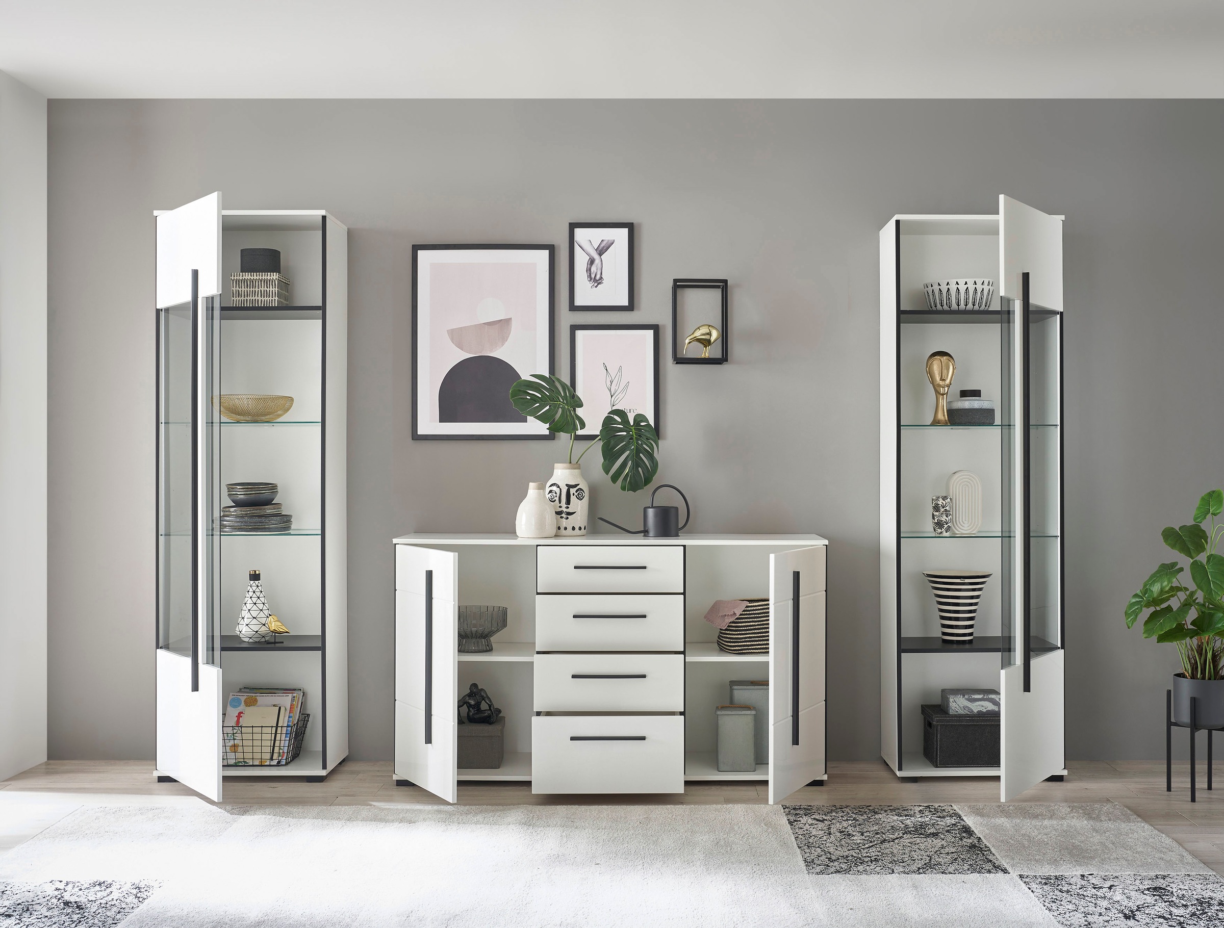INOSIGN Wohnwand »Cantara, moderne Anbauwand, Wohnzimmer-Set, in Eiche Evoke oder Weiß«, (Set), enthält zwei Vitrinen und ein Sideboard