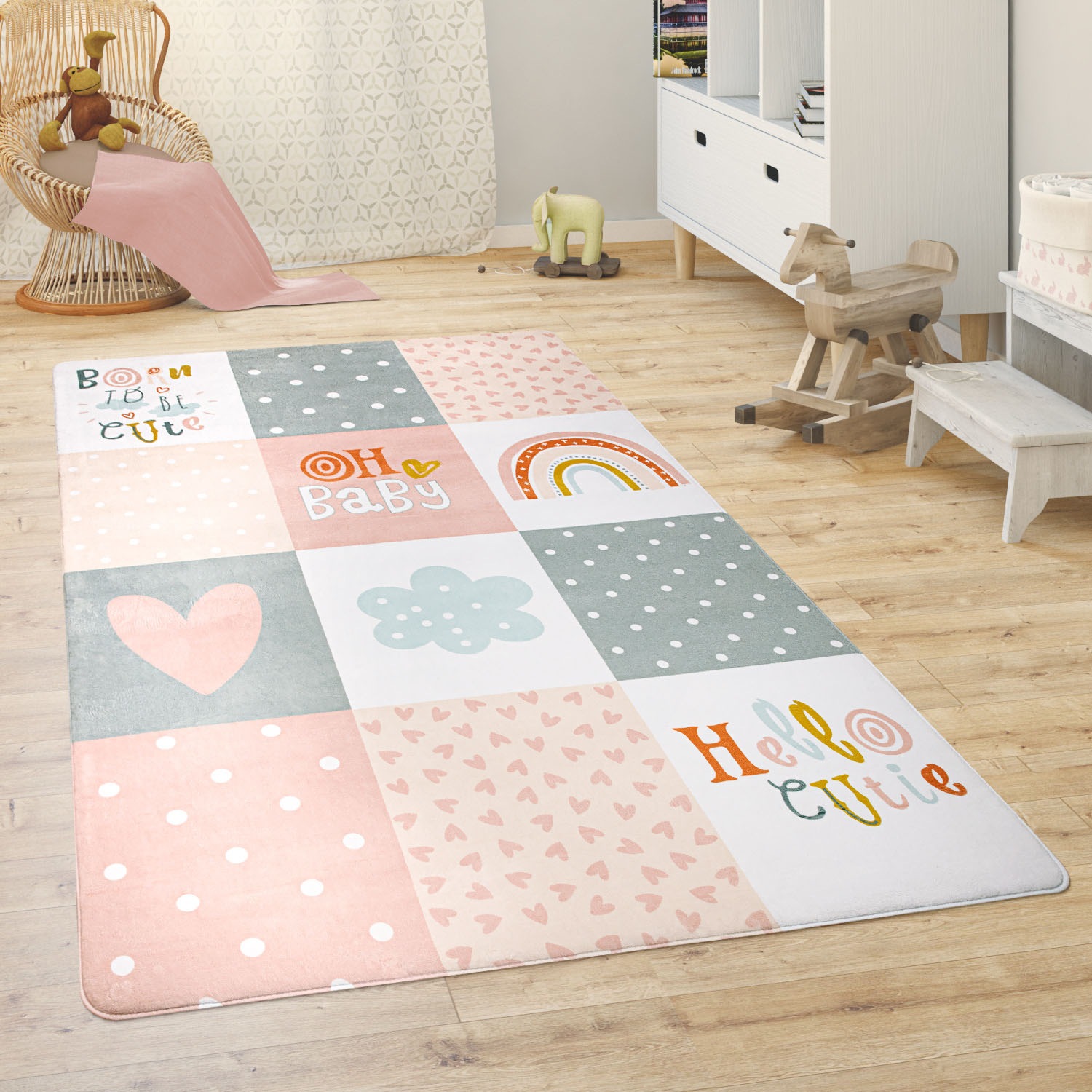 Paco Home Kinderteppich »Chicos 554«, rechteckig, 2 mm Höhe, Flachgewebe, mit Schriftzug & Regenbogen oder Sternen, Pastell-Farben