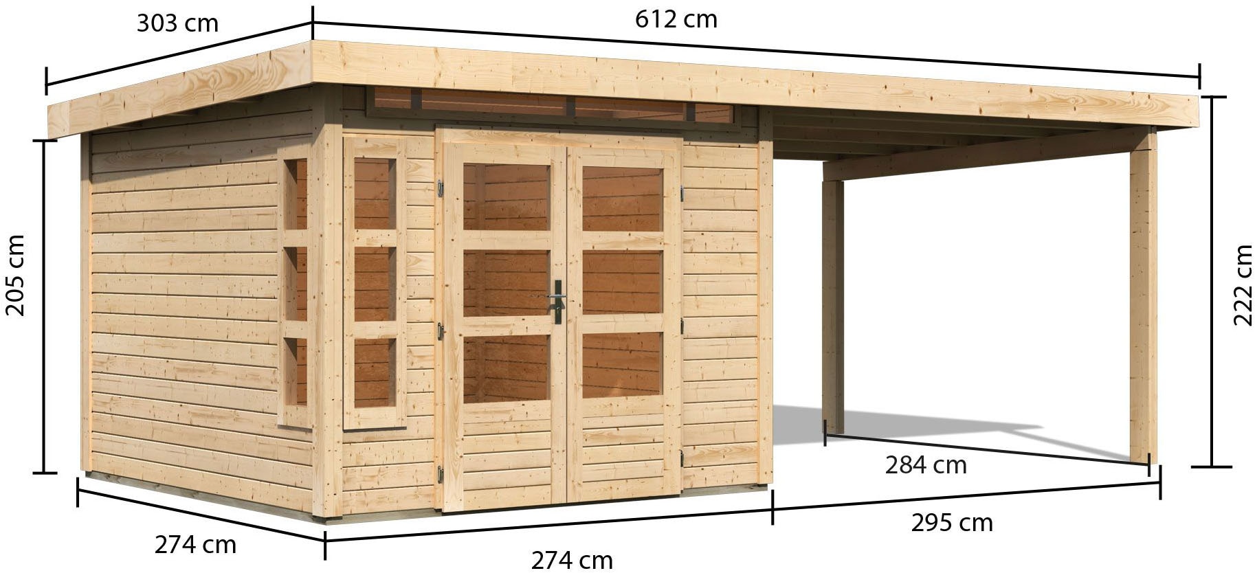 Karibu Gartenhaus »Kolimasee 6«, (Set), mit Anbaudach 3,2 m, naturbelassen