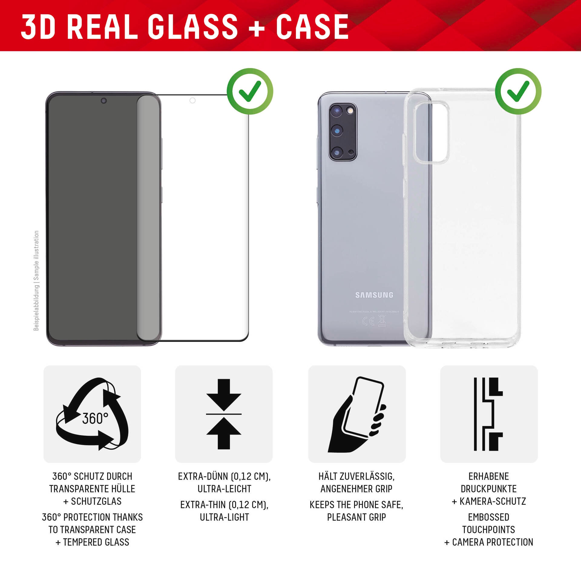 Displex Displayschutzglas »Real Glass + Case - Samsung Galaxy S23 Ultra«, Displayschutzfolie Displayschutz Rundumschutz 360 Grad splitterfest