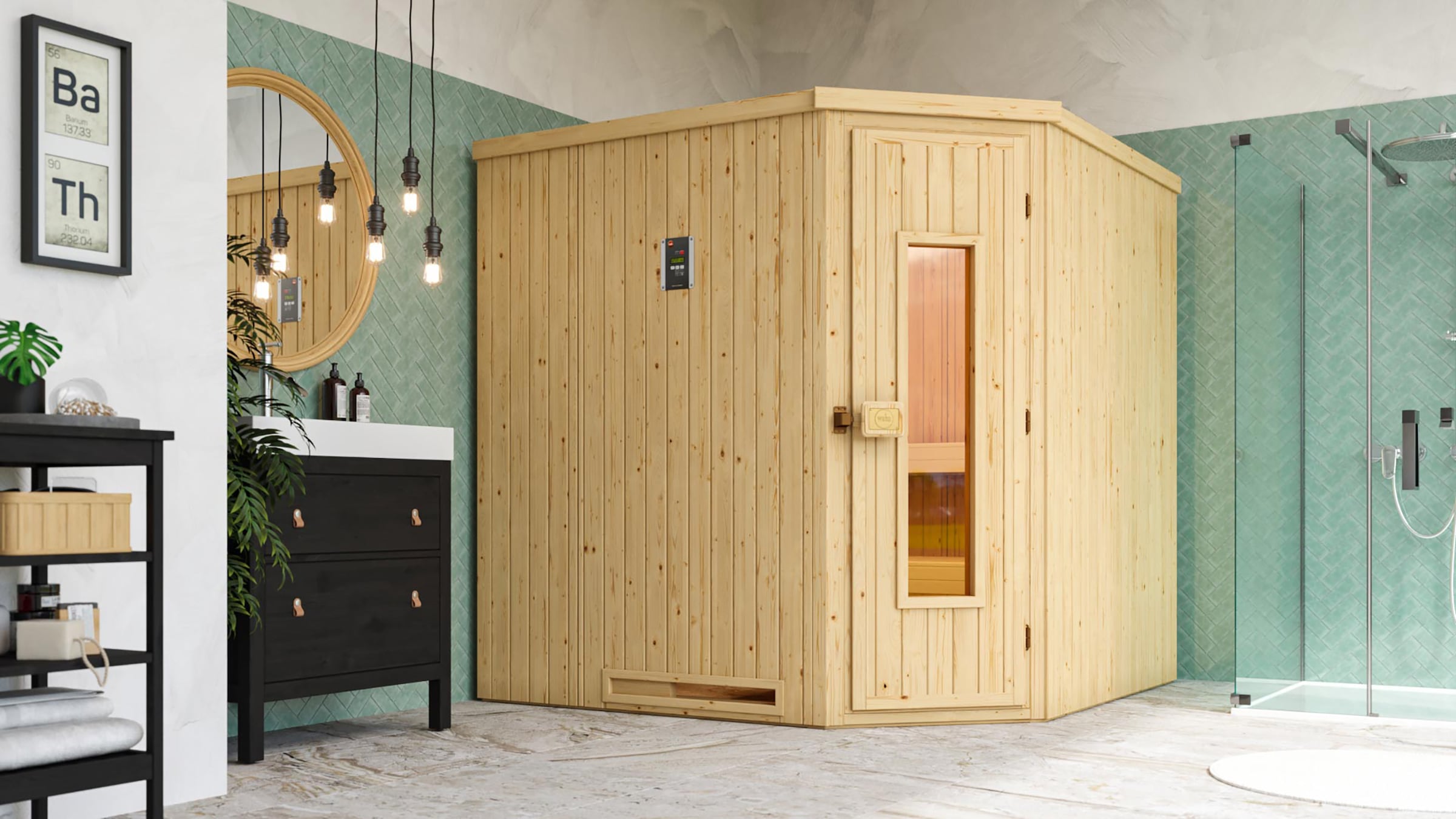weka Sauna »Element-Ecksauna VARBERG 3«, vorgefertigte Elemente, isolierte Holztür