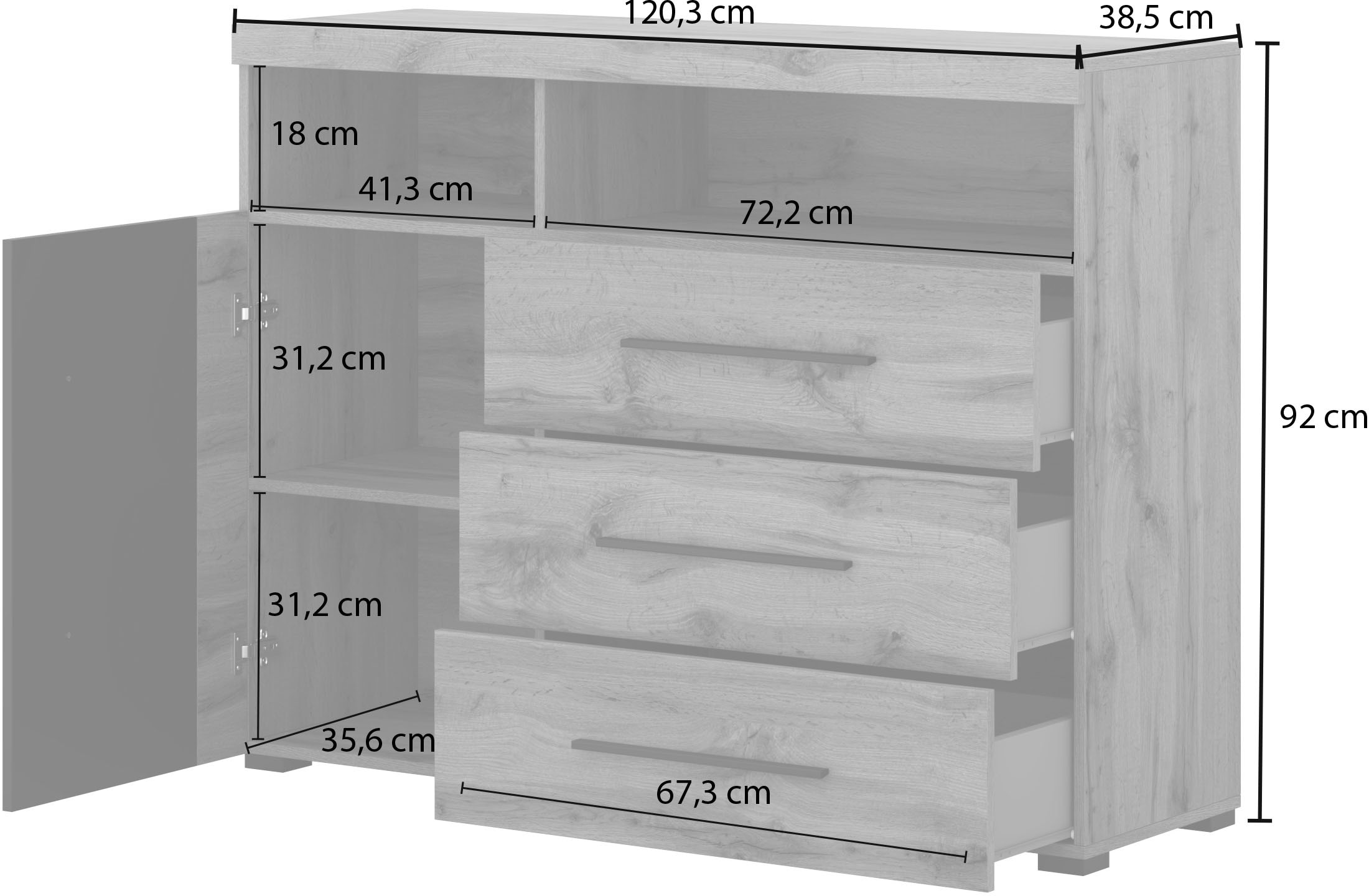 INOSIGN Kommode »Roger,Breite 120cm, moderne Anrichte mit 3 Schubladen«, Sideboard mit viel Stauraum, Masse 120x92x38,5 (B/H/T)