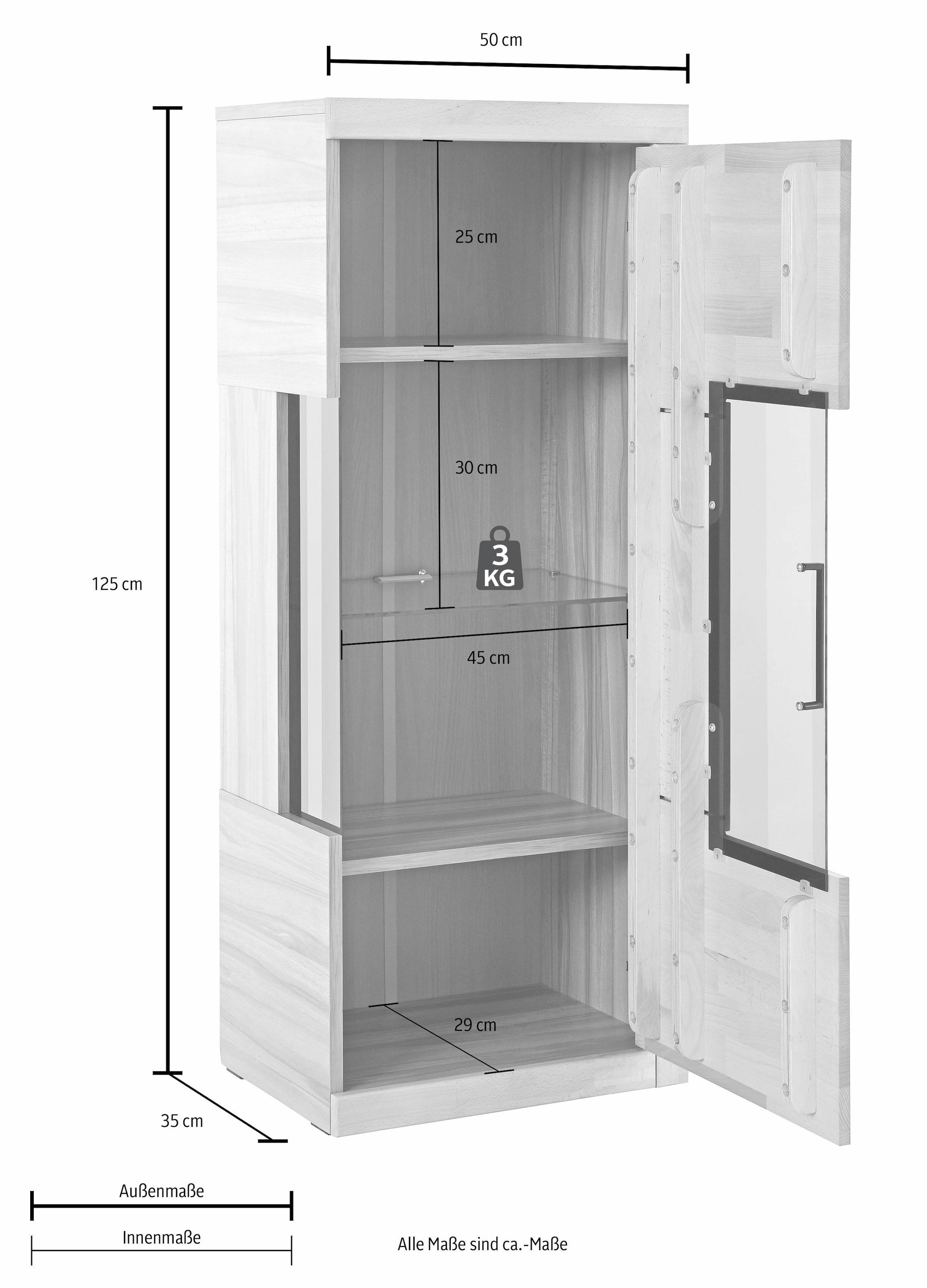 Home affaire Vitrine »Ribe,125cm hoch,35 cm tief,4 Fächer,1Glasboden variabel einsetzbar«, Massivholz, Holzwerkstoff,dunkles gehärtetes Glas, Metall Griffe