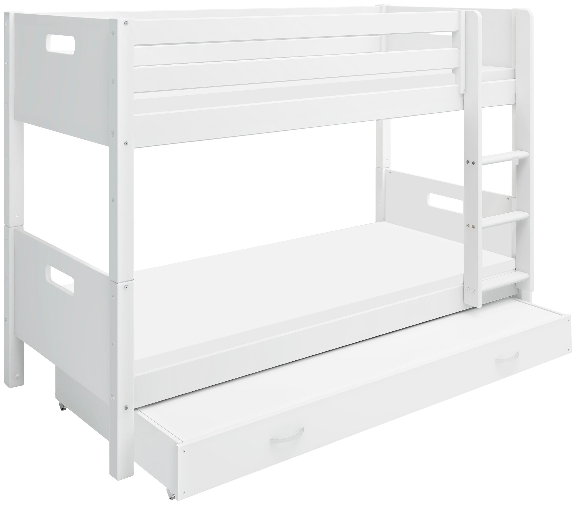 Etagenbett “ Nordic“, produziert by Flexa,Umbaubar in 2 Einzelbetten, incl Rollrost, weiß Absturzsicherung vorne in Kiefer-ausziehbare Liegefläche ohne Matratze
