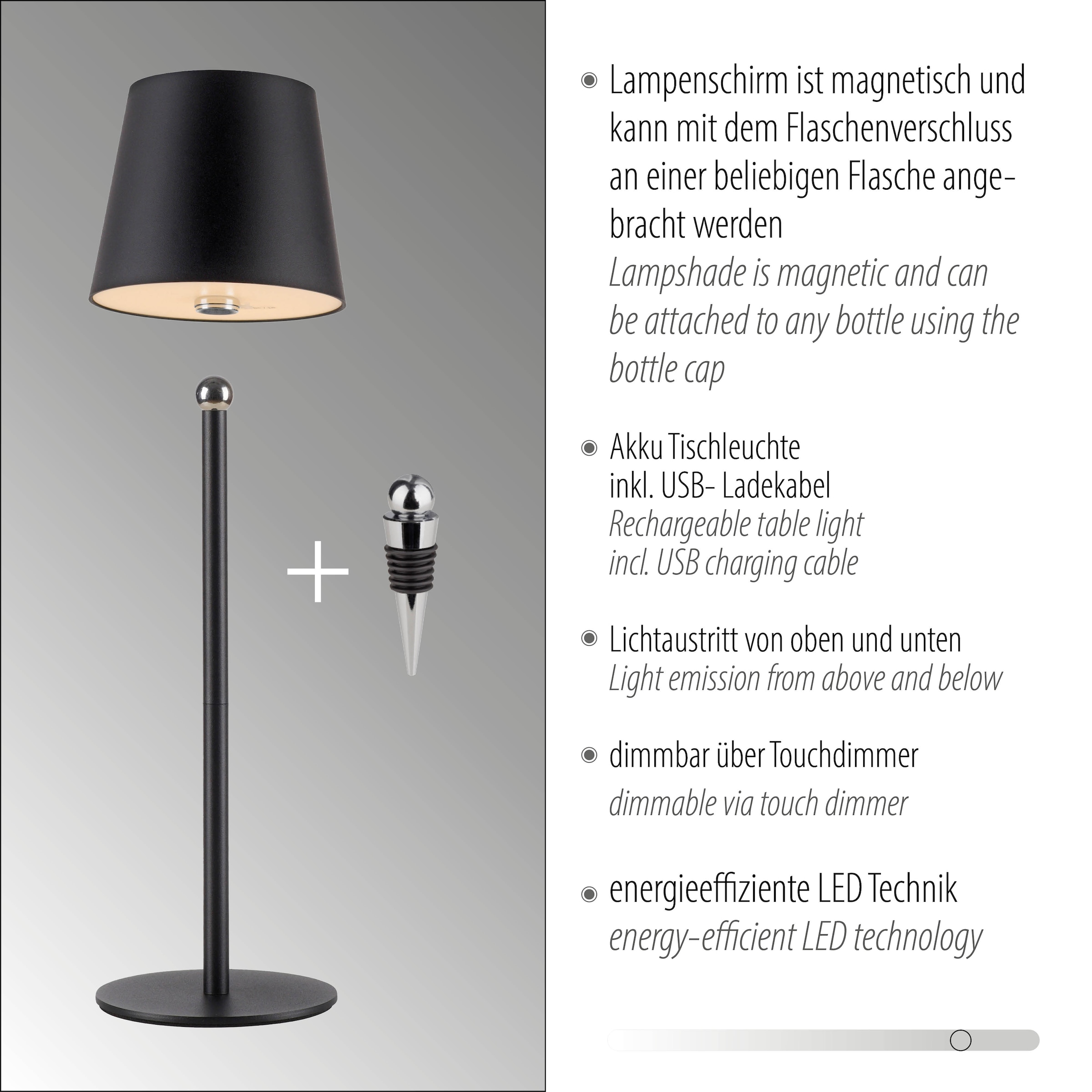 JUST LIGHT LED Tischleuchte »BOTERIA - Set 2 Stück, inkl. Flaschenaufsatz« LED-Board 2 Stk. Warmweiß Akkubetrieben, aufladbar, magnetisch, dimmbar, In- und Outdoor