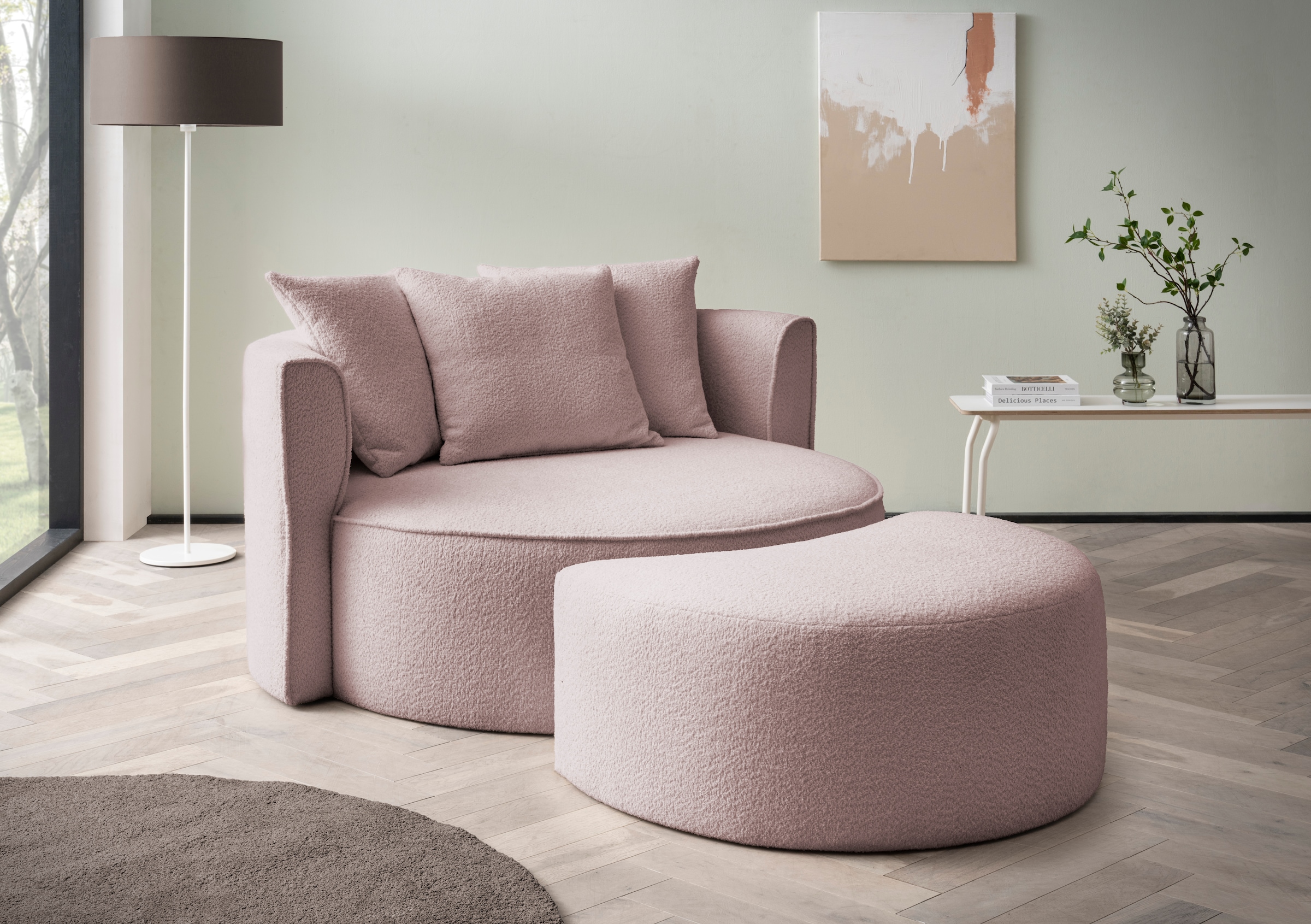 LeGer Home by Lena Gercke XXL-Sessel »Isalie, Rundsessel mit Hocker, Lesesessel, Loveseat, Big-Sessel«, (Set), trendige Stoffe, mit 3 Zierkissen, große Sitzfläche