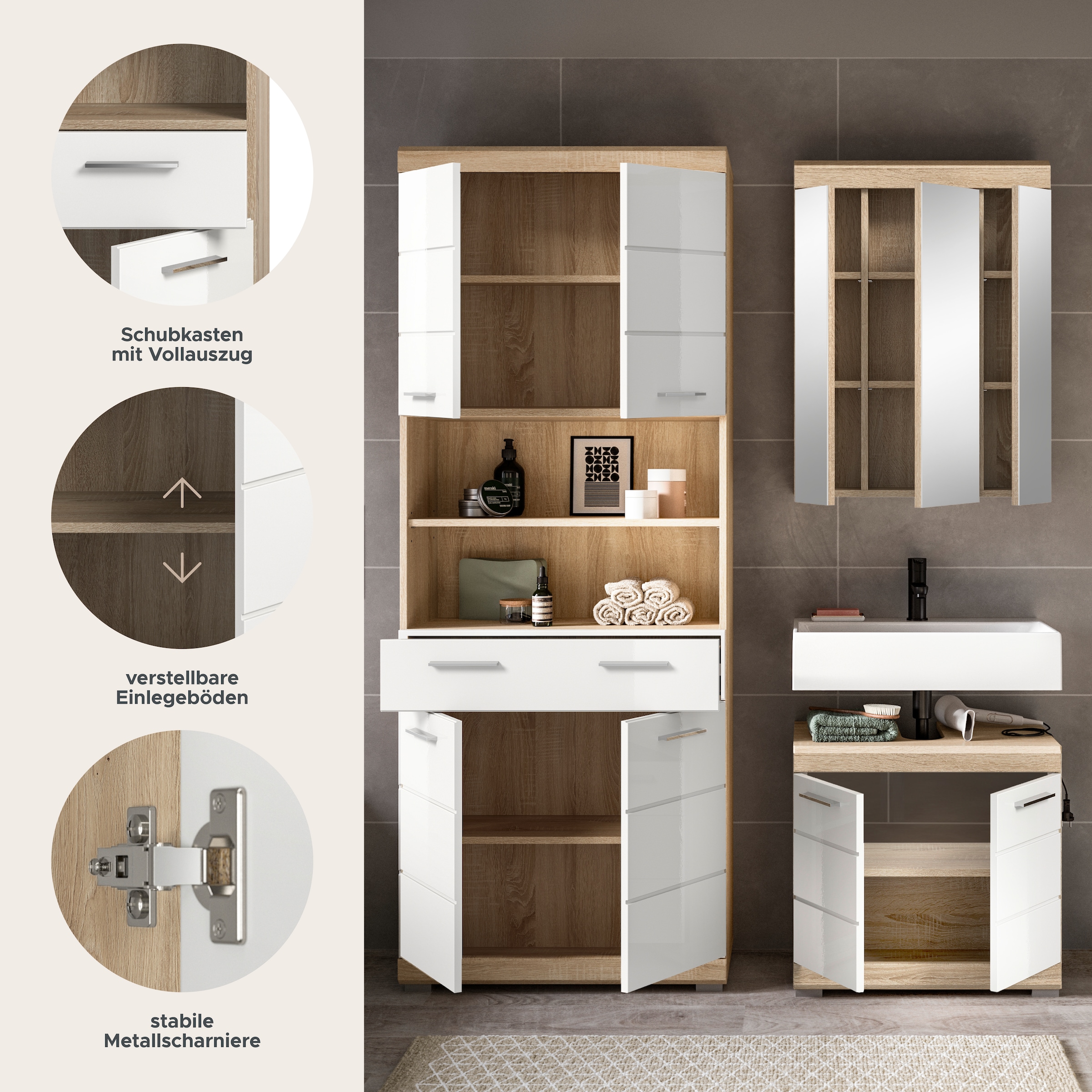 INOSIGN Badmöbel-Set »SIENA, TOPSELLER!, Breite 149cm, 3-teiliges Set« Set, bestehend aus: Hochschrank, Waschbeckenunterschrank & Spiegelschrank, 3 Stk. tlg.