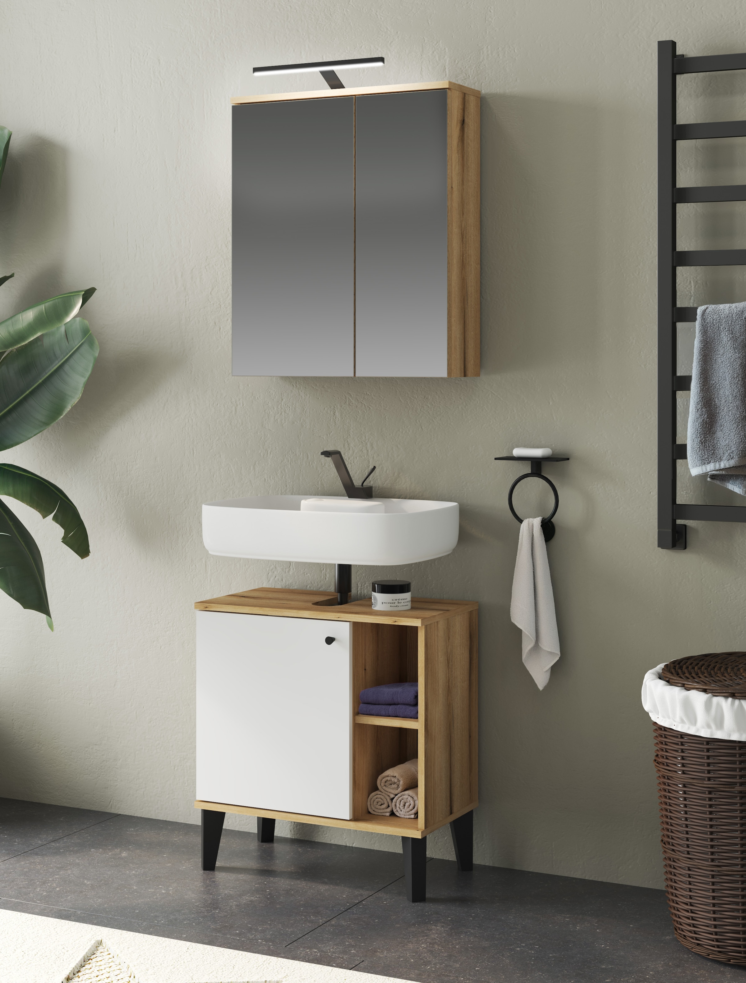 INOSIGN Badmöbel-Set »OSLO, Bad im skandinavischen Design, 2-teiliges Badezimmer«, (Set, 2 St.), Badschränke und Spiegel, in zwei Farben verfügbar, viel Stauraum