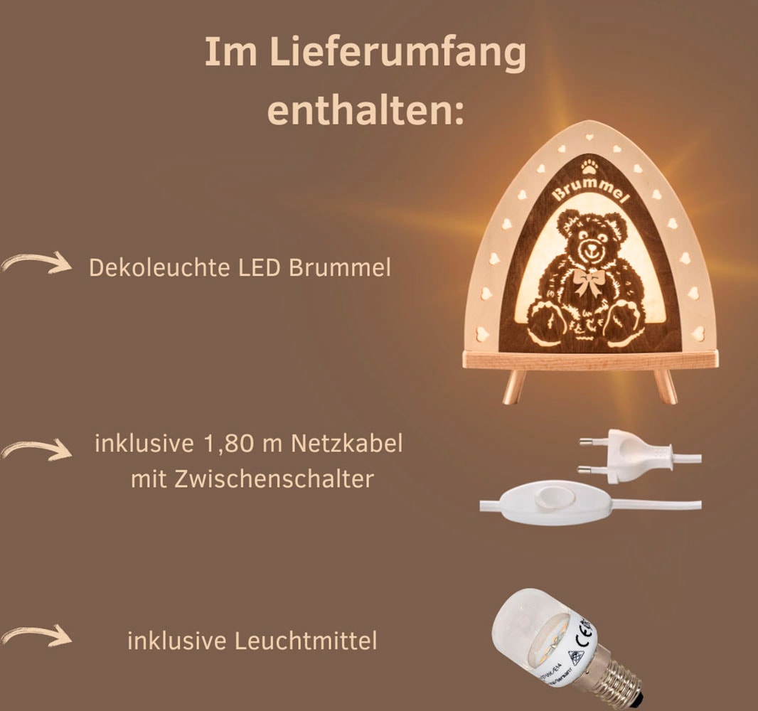 Weigla LED Dekolicht »Brummel, Holz, NATUR-BRAUN, Teddybär Lampe«, 1 flammig, Leuchtmittel E14 | LED wechselbar, Erzgebirge garantiert, Dekolampe für Innen, Dekoleuchte