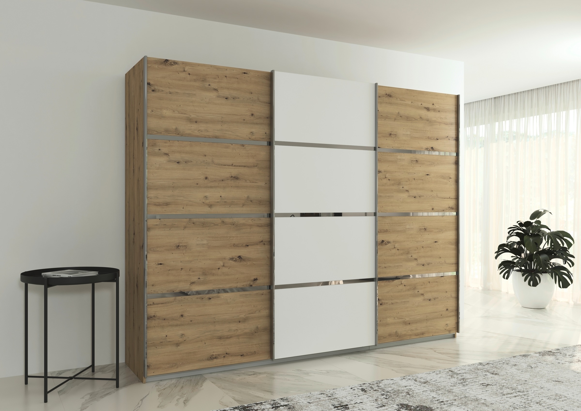 rauch Kleiderschrank »Schwebetürenschrank Garderobe Schrank TOP ANGEBOT Avola«, (in 3 verschiedenen Ausstattungen BASIC/CLASSIC/PREMIUM), mit eleganten Zierleisten in Chrom, Schwarz oder Weiß MADE IN GERMANY