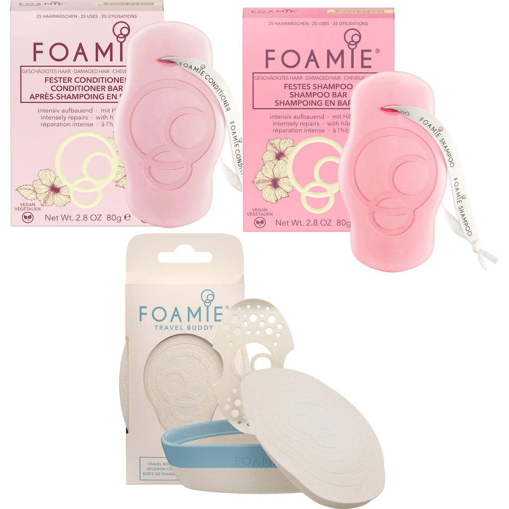 FOAMIE Haarpflege-Set »Hibiskiss festes Shampoo & fester Conditioner & Travel Buddy«, (3 tlg.)