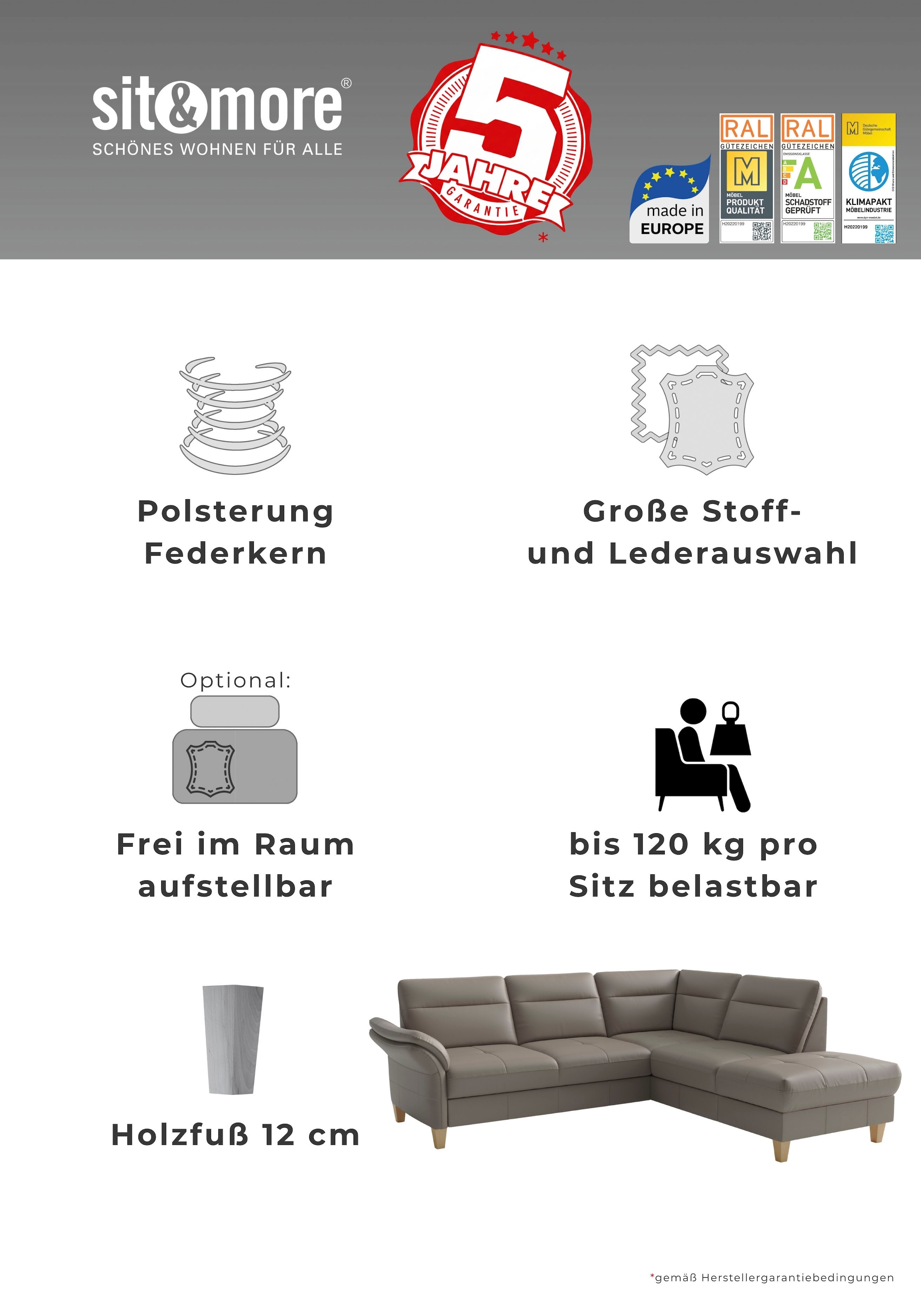 sit&more Ecksofa »Pamela L-Form, B: 218 cm, optional Schlaffunktion & Bettkasten, Leder« wahlweise mit Armteilverstellung, Sofa mit Federkern, Sitzhöhe: 48 cm