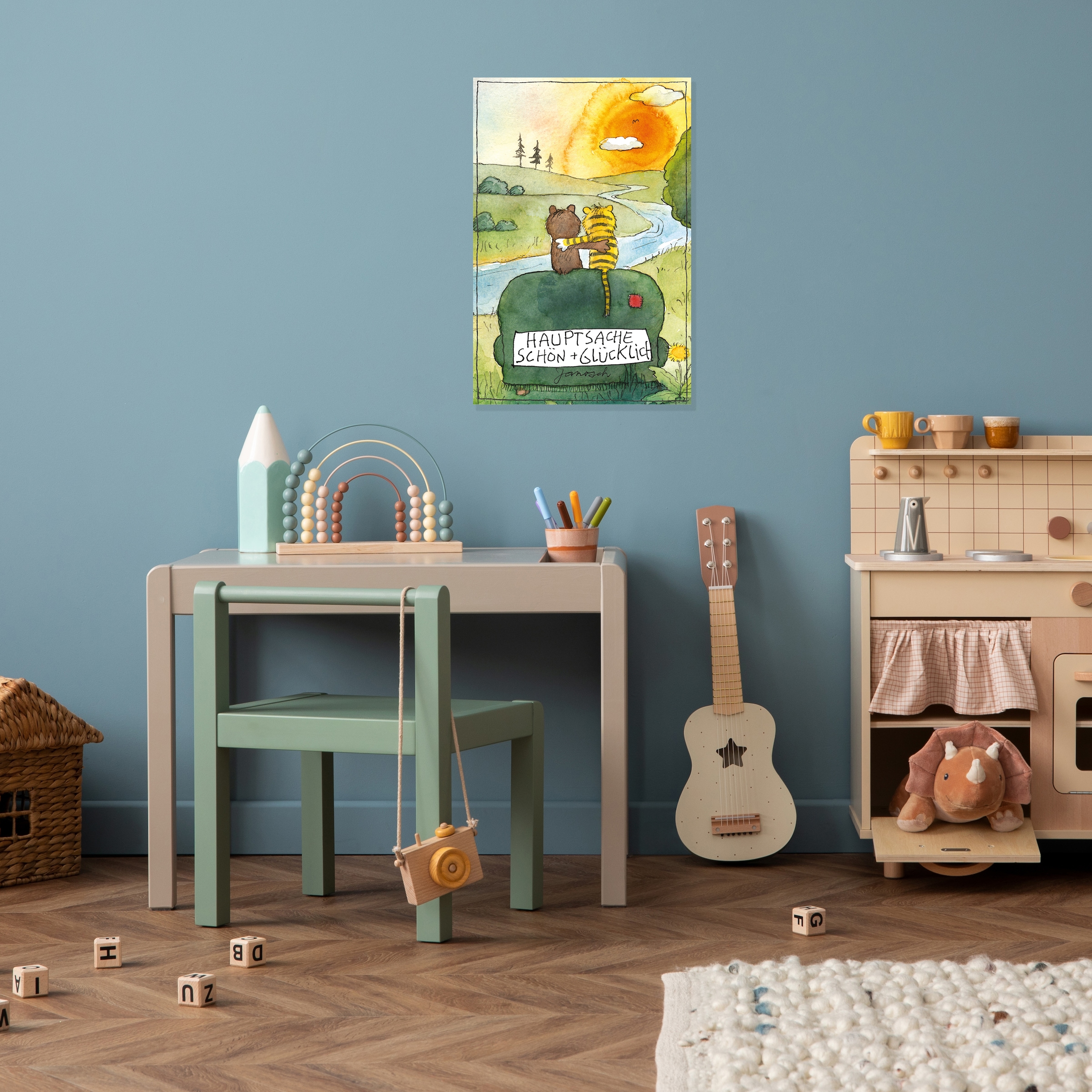 LuckyLinde Wanddekoobjekt »Der kleine Bär und der kleine Tiger - Hauptsache schön + glücklich«, (1 St.), Exklusive JANOSCH Kindermotive, Stahlschild
