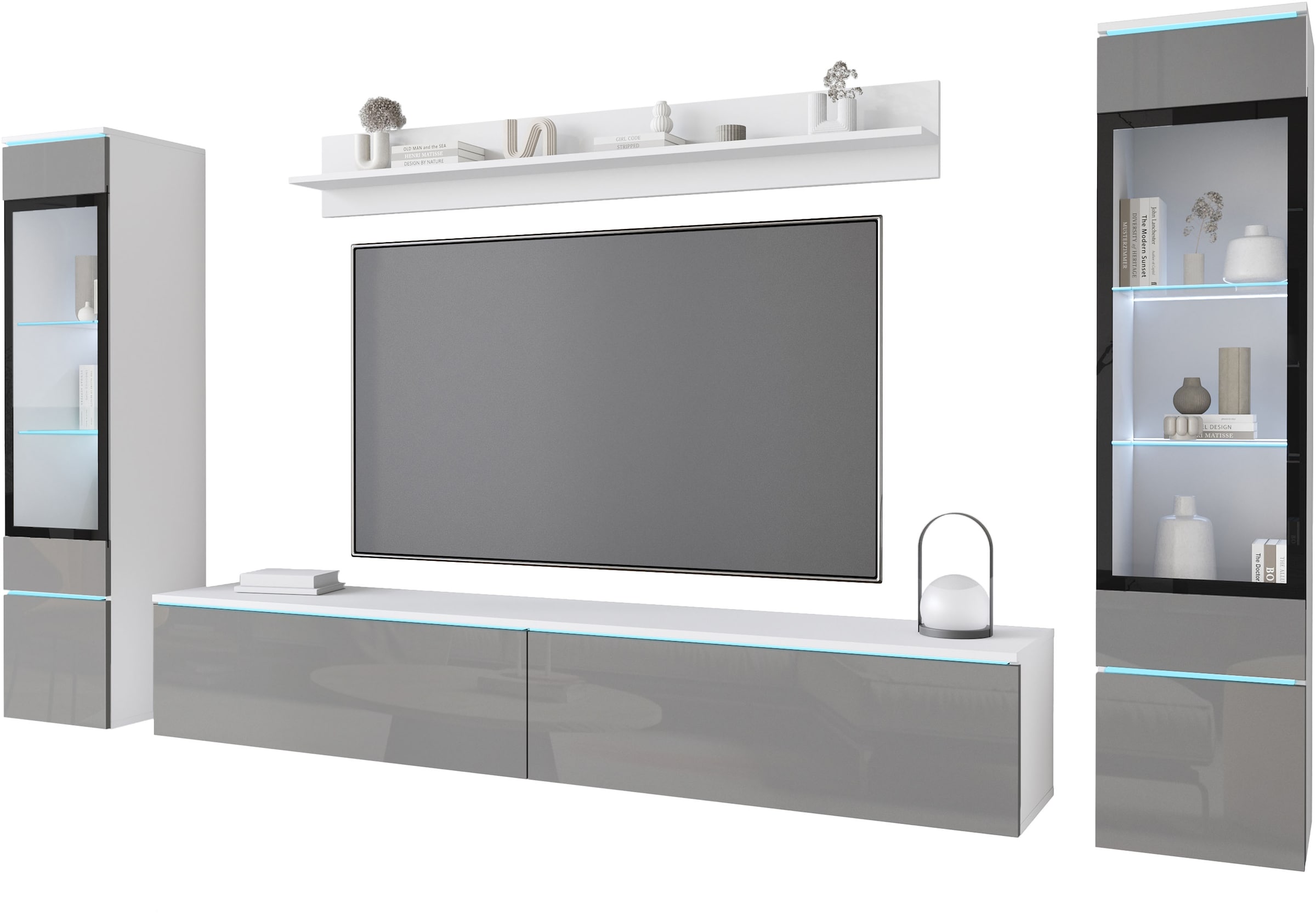 INOSIGN Wohnwand »VERA II, Vitrinen Türanschlag wechselbar«, (Komplett-Set, 4 St.), Vitrine mit Verglasung, stehend und hängend, inklusive Beleuchtung
