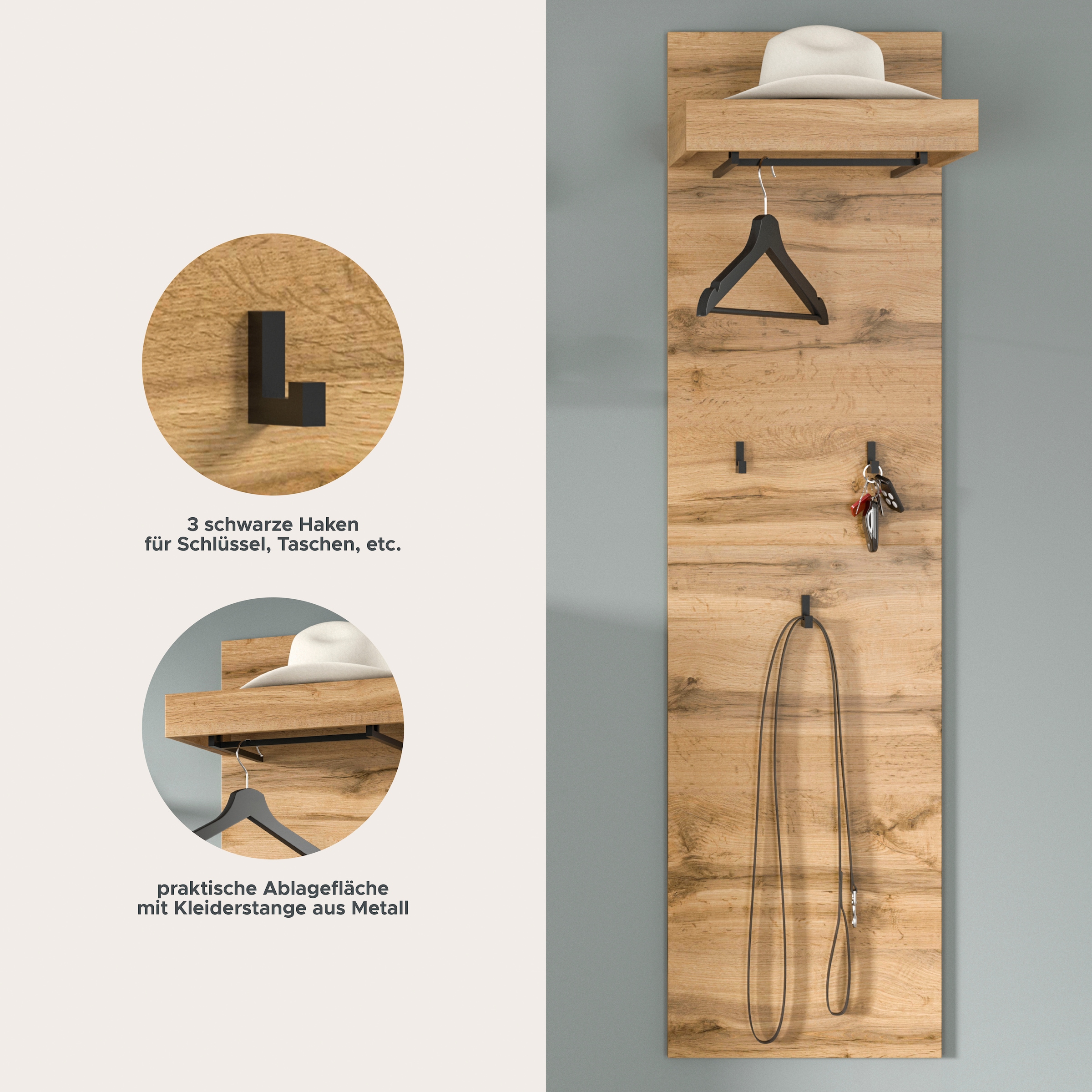 OTTO home Garderobenpaneel »MAMBO, TOPSELLER!, Höhe 150cm, 3 Haken, Ablageboden, Garderobenstange« individuell mit weiteren Artikeln der Serie MAMBO kombinierbar, 1 Stk. tlg. Paneel, Garderobe, Flur, Diele, Hakenleiste