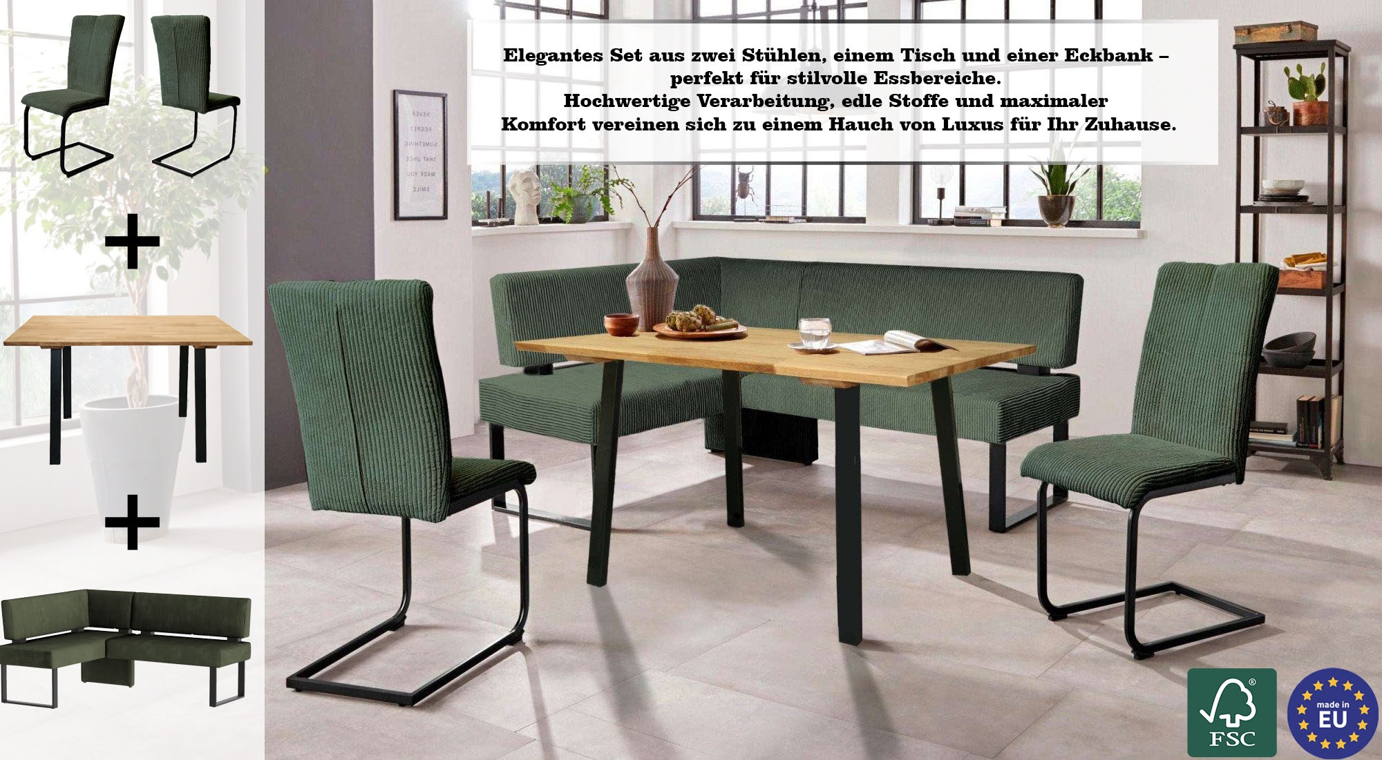 Home affaire Eckbankgruppe »Oliver«, (Set, 4 tlg., 4-tlg), Eckbank mit Wellenunterfederung im Sitz, Tisch Massiv Eiche