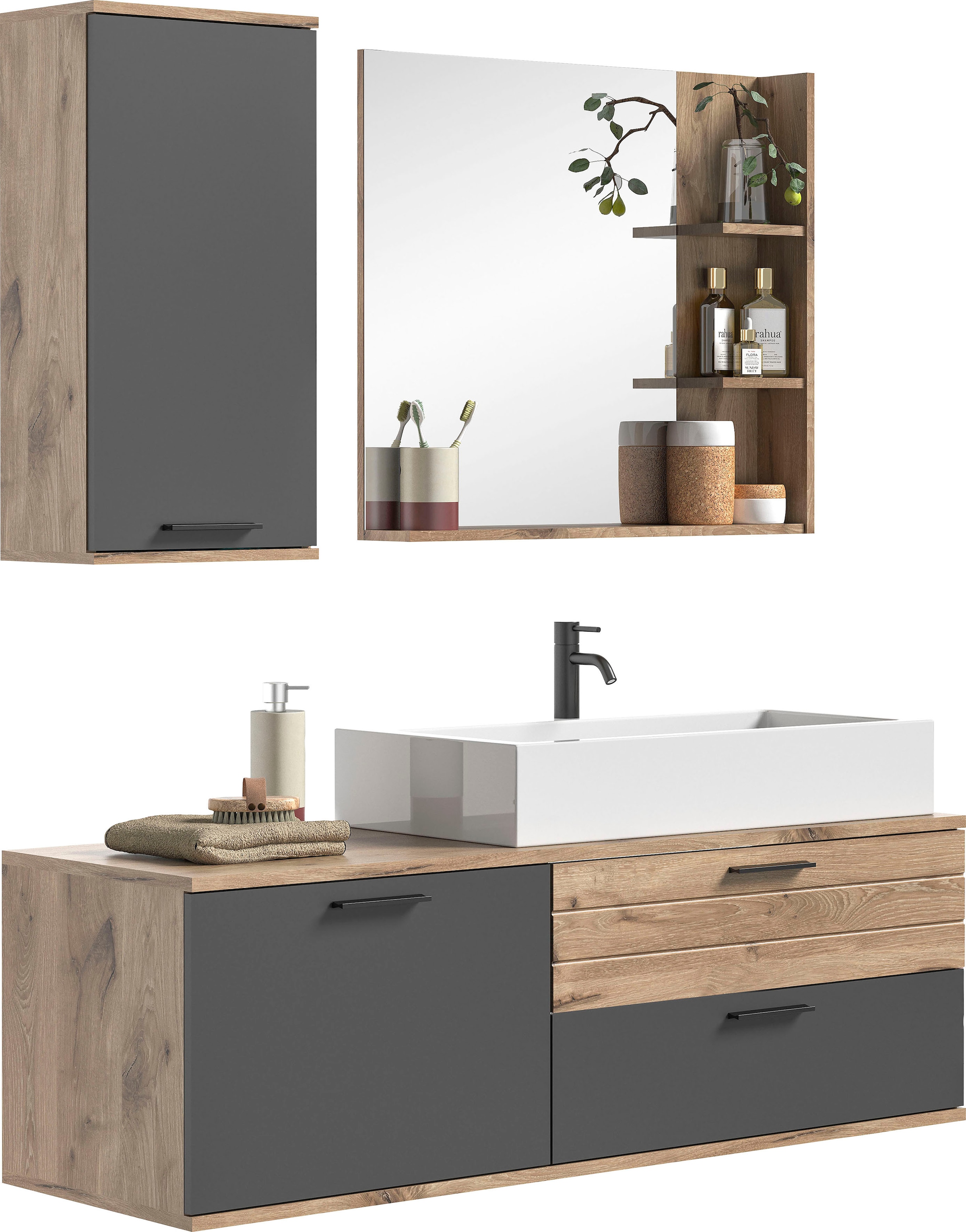 INOSIGN Badmöbel-Set »Riga, 3 teilig, inklusive Keramik-Aufsatzwaschbecken, bestehend aus:«, (Set, 3 St.), Waschtisch-Set, Hängeschrank, Badspiegel