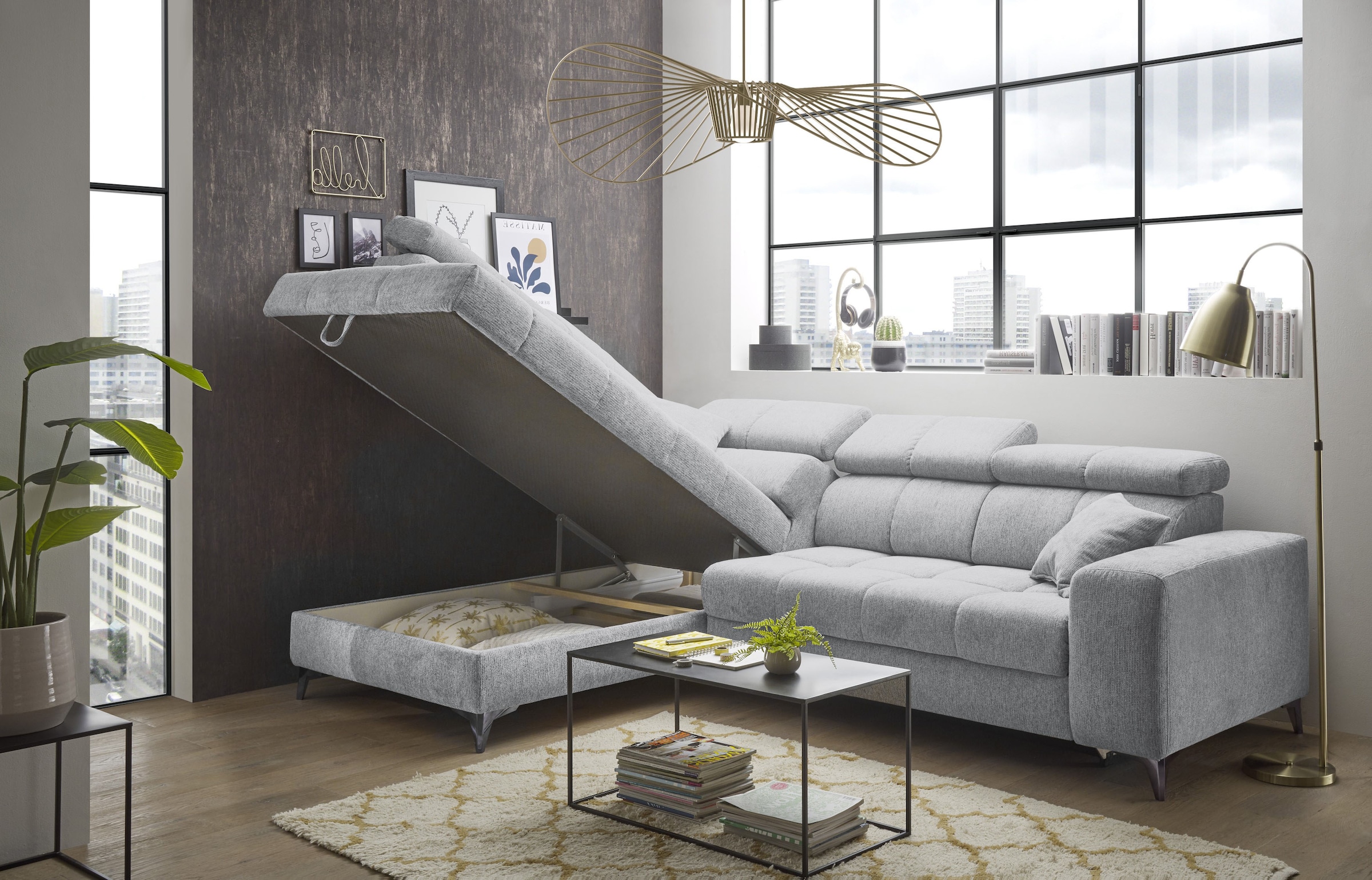 ED EXCITING DESIGN Ecksofa »Sydney L-Form« mit Bettfunktion, Bettkasten, Kopfteilverstellung & 2 Zierkissen