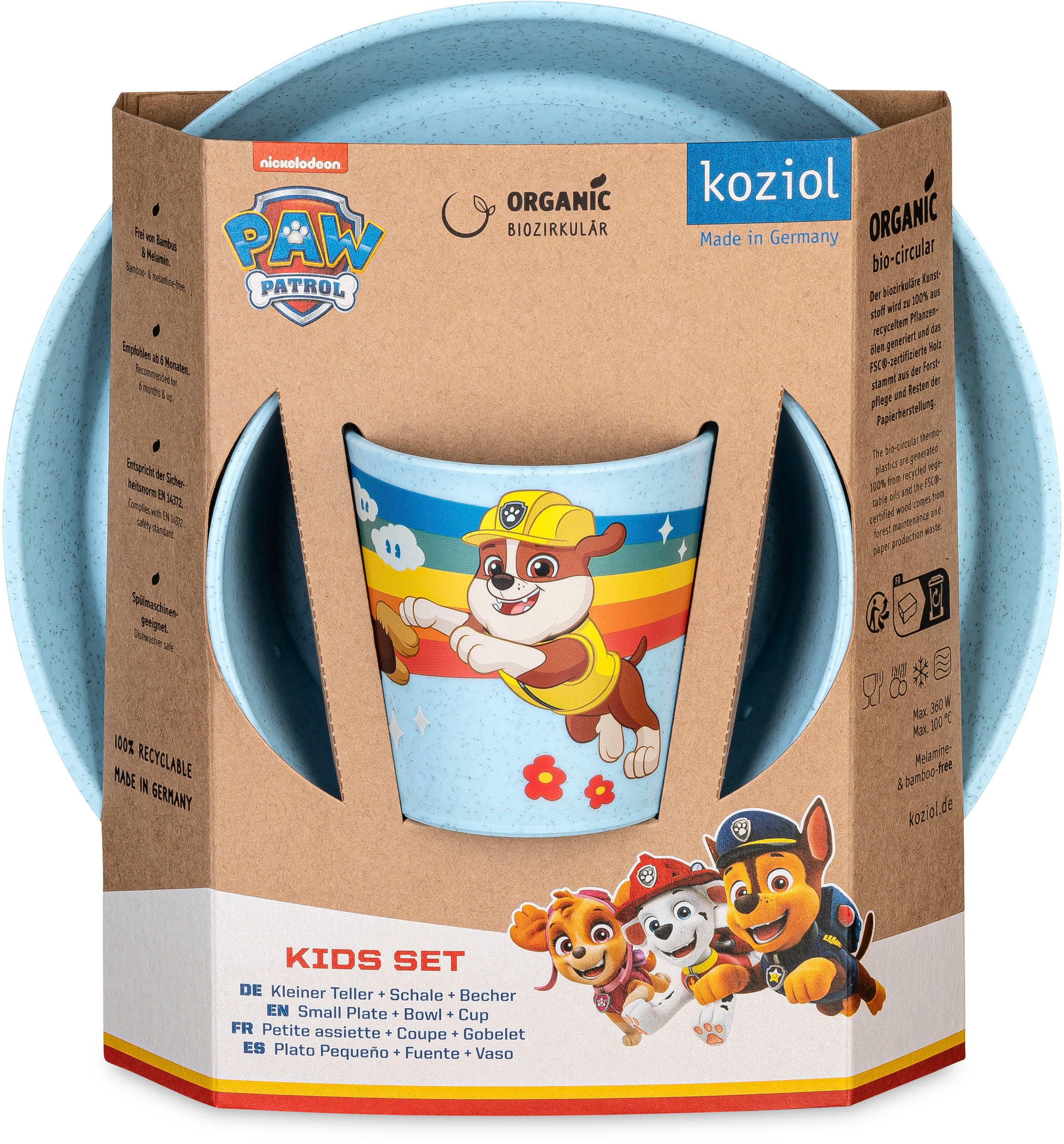 KOZIOL Kindergeschirr-Set »Kleiner Teller + Schale + Becher CONNECT GROW PAW PATROL«, (Set, 3 tlg.), 100% melaminfrei & recycelbar, CO² neutral in Deutschland produziert!