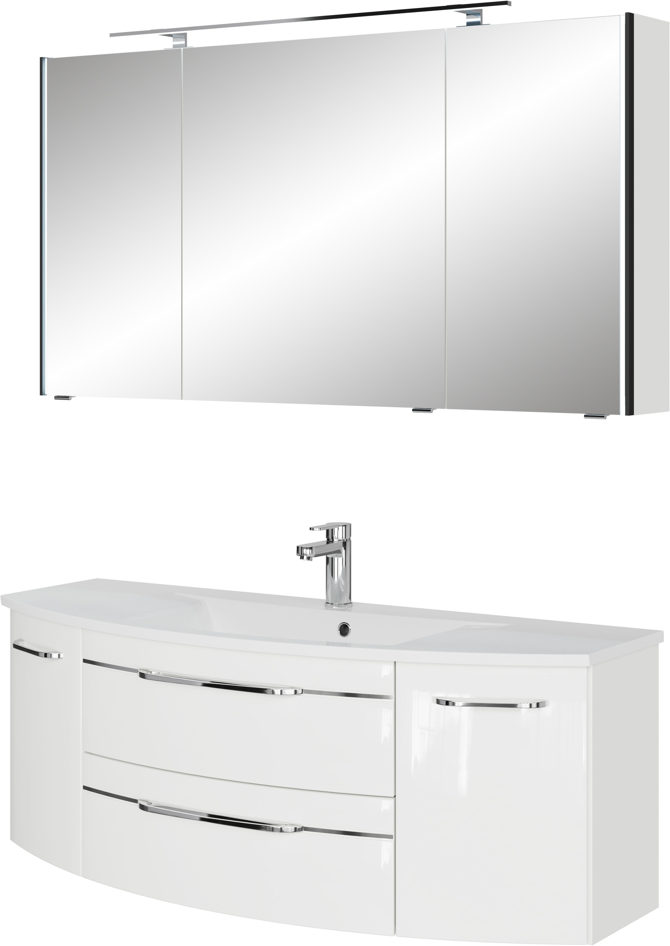 Saphir Badmöbel-Set »Serie 7045 2-teilig Mineralmarmor-Waschtisch mit LED-Spiegelschrank«, (Set, 2 St.), Badezimmer-Set 133,2 cm breit, inkl. Türdämpfer, 5 Türen, 2 Schubladen