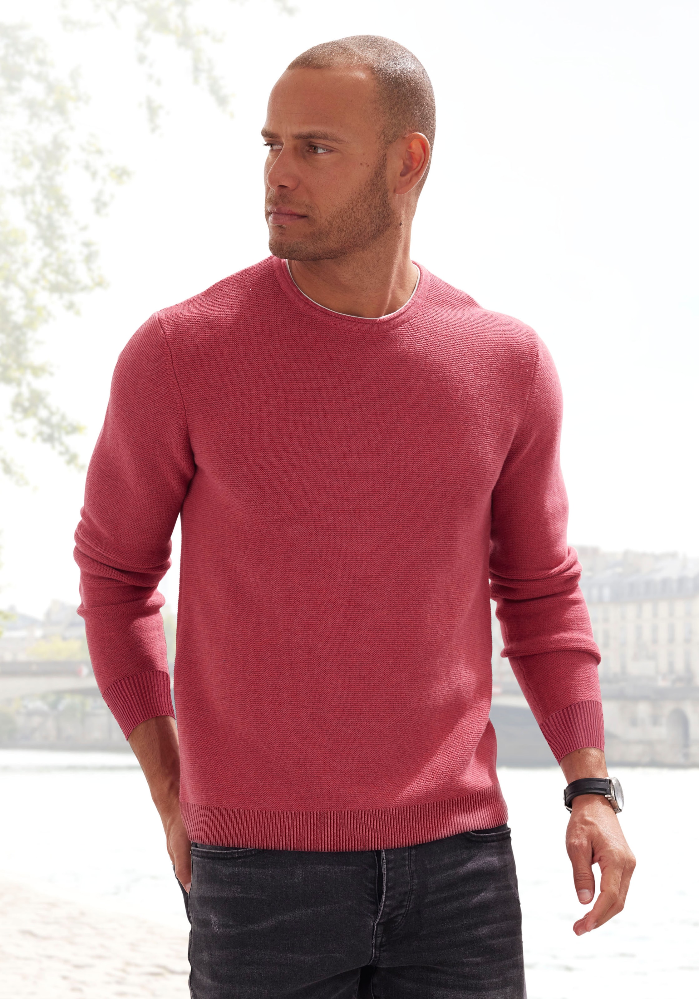 AUTHENTIC LE JOGGER Strickpullover, mit Double-Layer Optik, Rundhalspullover aus reiner Baumwolle