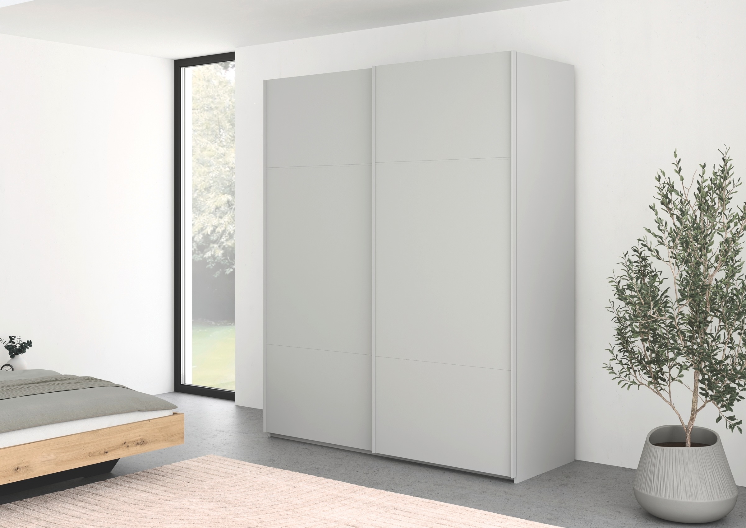 rauch Schwebetürenschrank »Kleiderschrank Schrank Garderobe Schlafzimmerschrank SCALE-TRIO«, edle dreigeteilte Front, 2 Zierleisten in Griff-Farbe MADE IN GERMANY