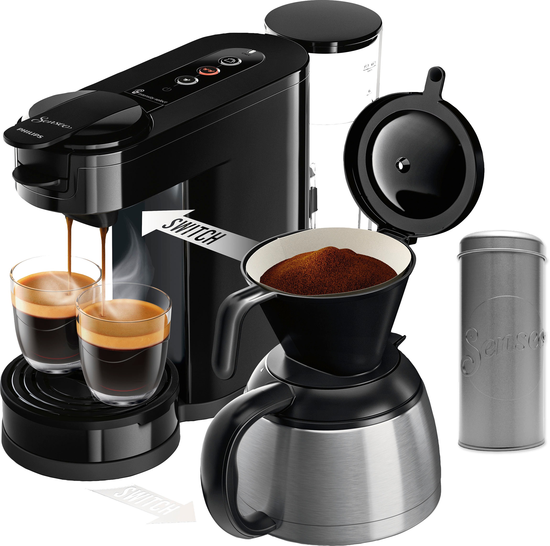 Kaffeepadmaschine „Switch HD6592/64, 26% recyceltem Plastik, Kaffee Boost Technologie“, 1 l Kaffeekanne, Crema Plus, inkl. Kaffeepaddose Wert €9,90 UVP schwarz 1 l