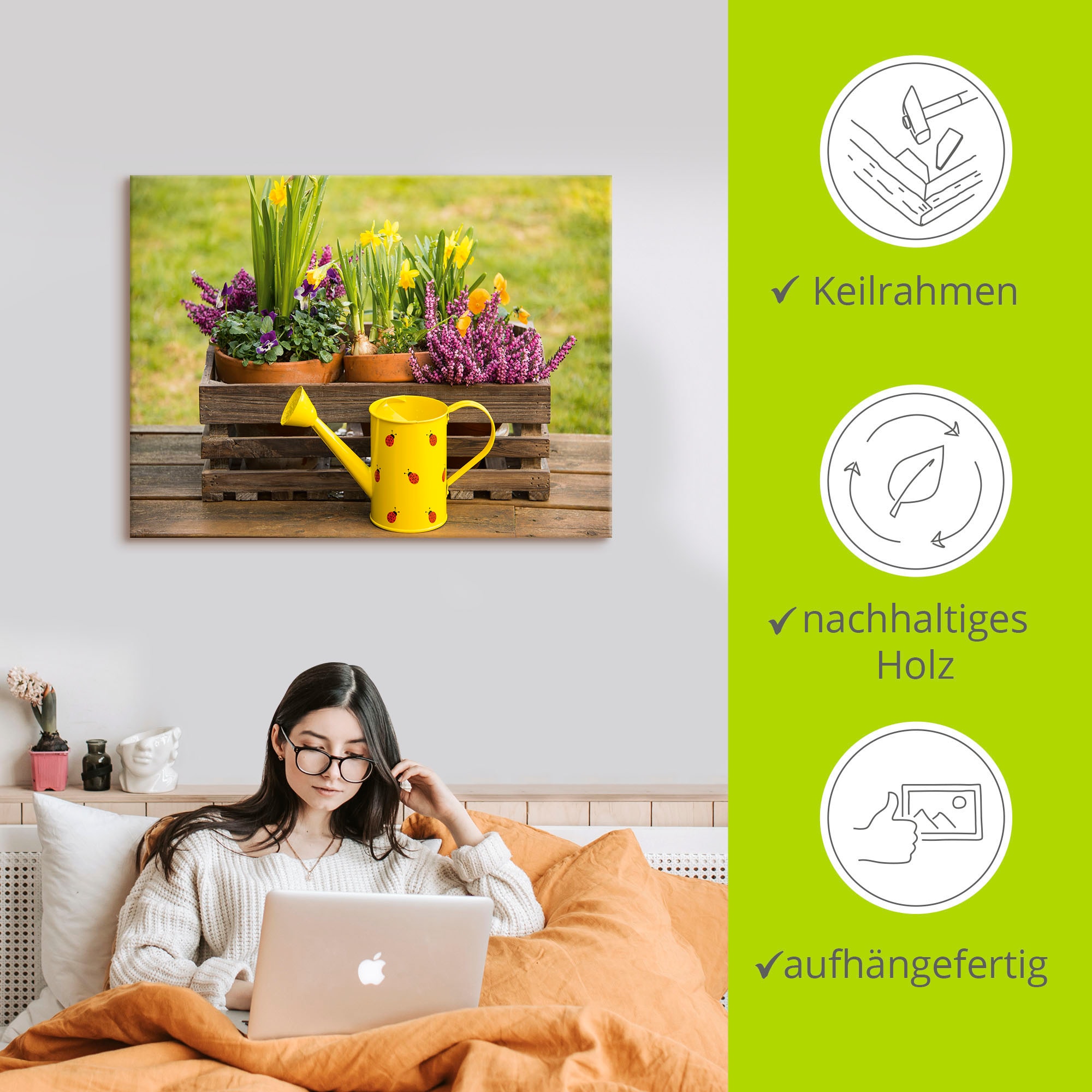 Artland Wandbild »Holzkiste Heidekraut Narzissen Gießkanne«, Vasen & Töpfe, (1 St.), als Alubild, Outdoorbild, Leinwandbild in verschied. Größen