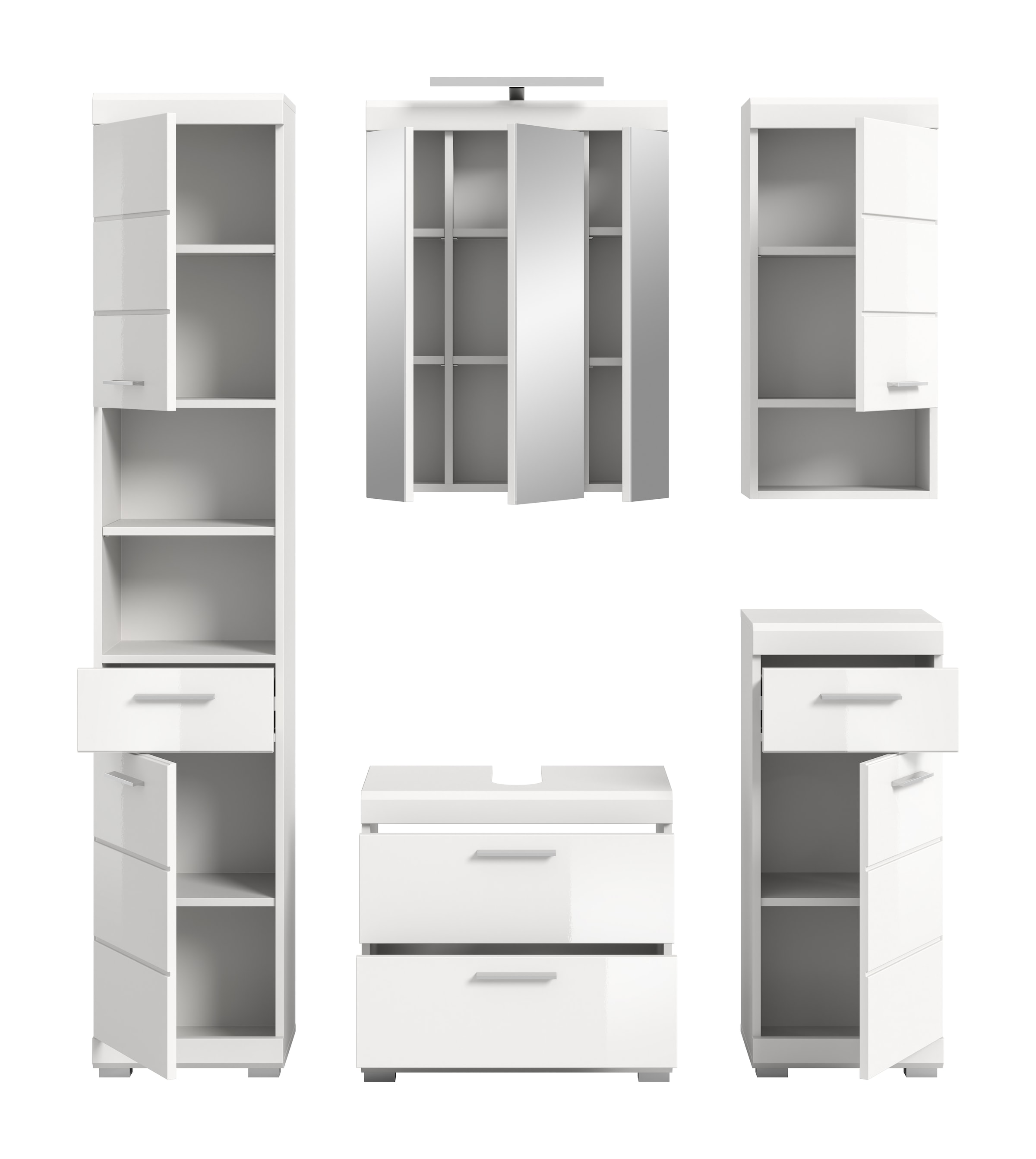 INOSIGN Badmöbel-Set »Siena, 5 teilig, inklusive LED Beleuchtung, bestehend aus:«, (Set), Hochschrank, WBU, Spiegelschrank, Unterschrank, Hängeschrank