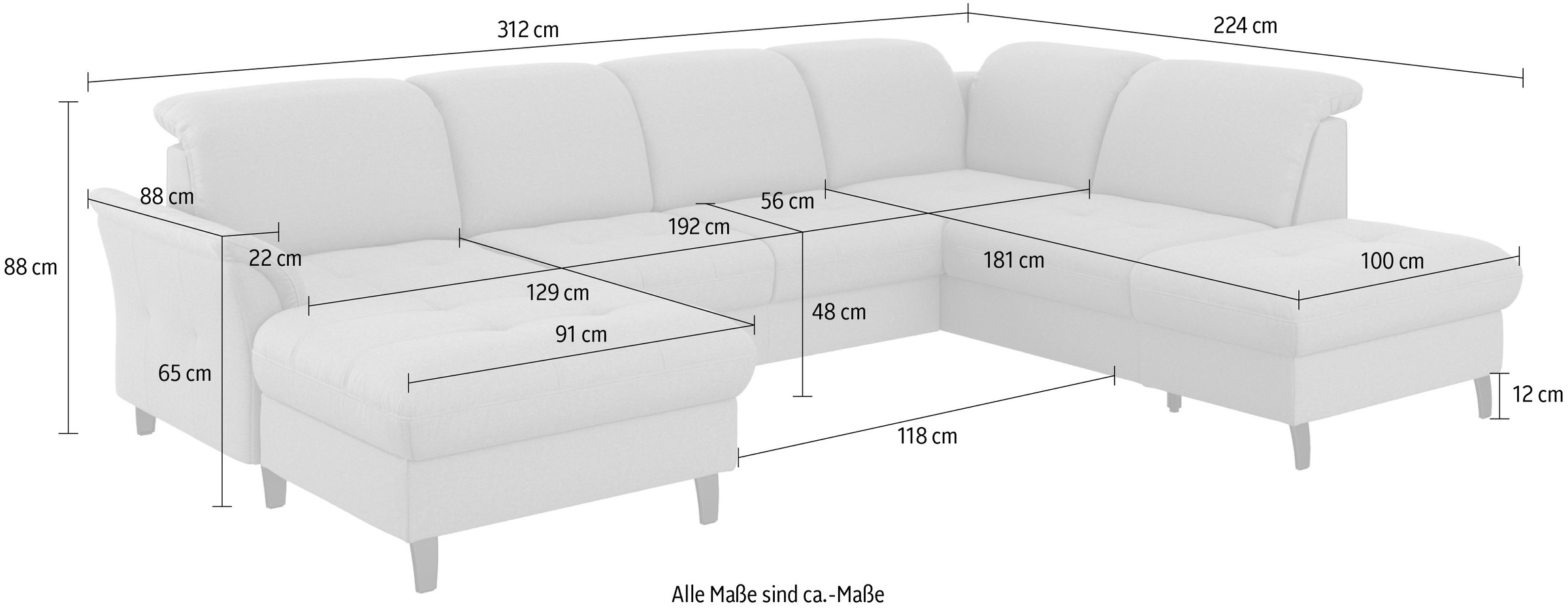 sit&more Wohnlandschaft »Maggiore U-Form«, wahlweise mit Kopfteilverstellung, Bettfunktion und Stauraum