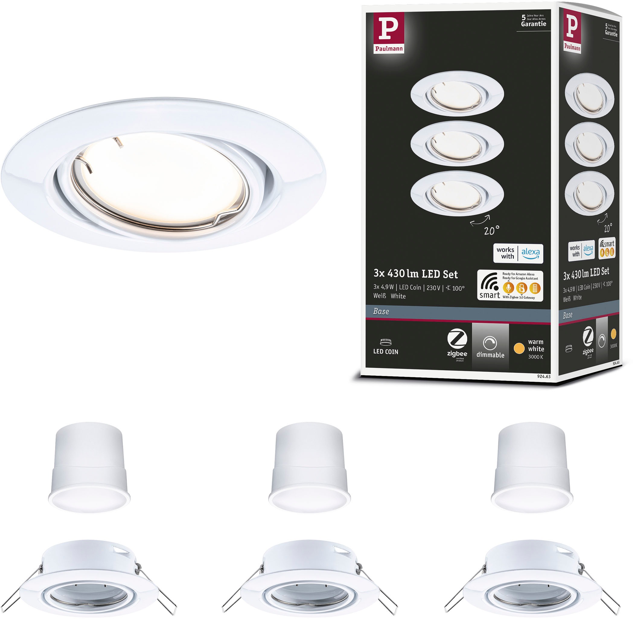 Paulmann LED Einbauleuchte »Base 3x430lm 230V«, 3 flammig, Zigbee Basisset