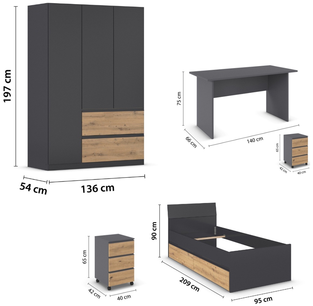 rauch Jugendzimmer-Set »Komplettzimmer Schlafzimmer-Set (5-St.) Jugendzimmer-Set JOEL« Set, 5 Stk. tlg. Bett 2 Breiten,Nachttisch,Tisch,Rollcontainer,Schrank MADE IN GERMANY