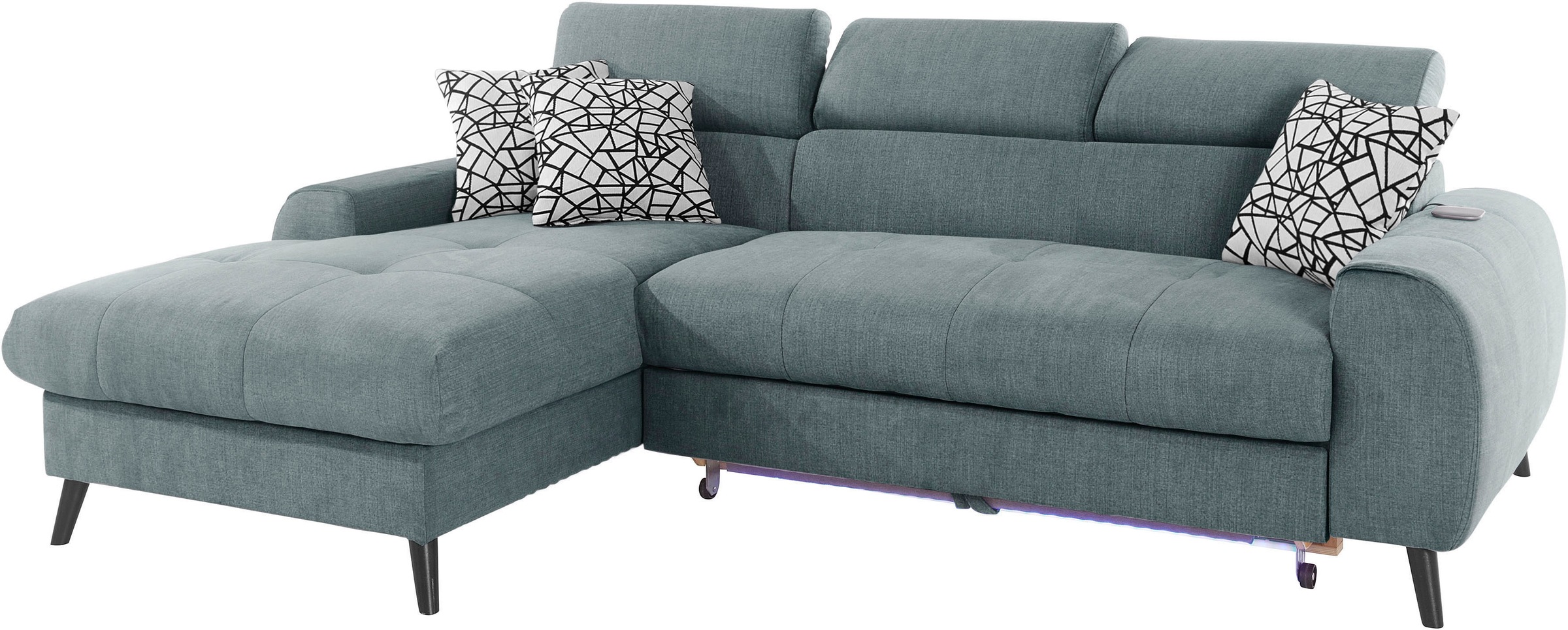 COTTA Ecksofa »Mia L-Form mit 3 Zierkissen«, wahlweise mit Bettfunktion, Bettkasten, Beleuchtung & Wireless-Charger
