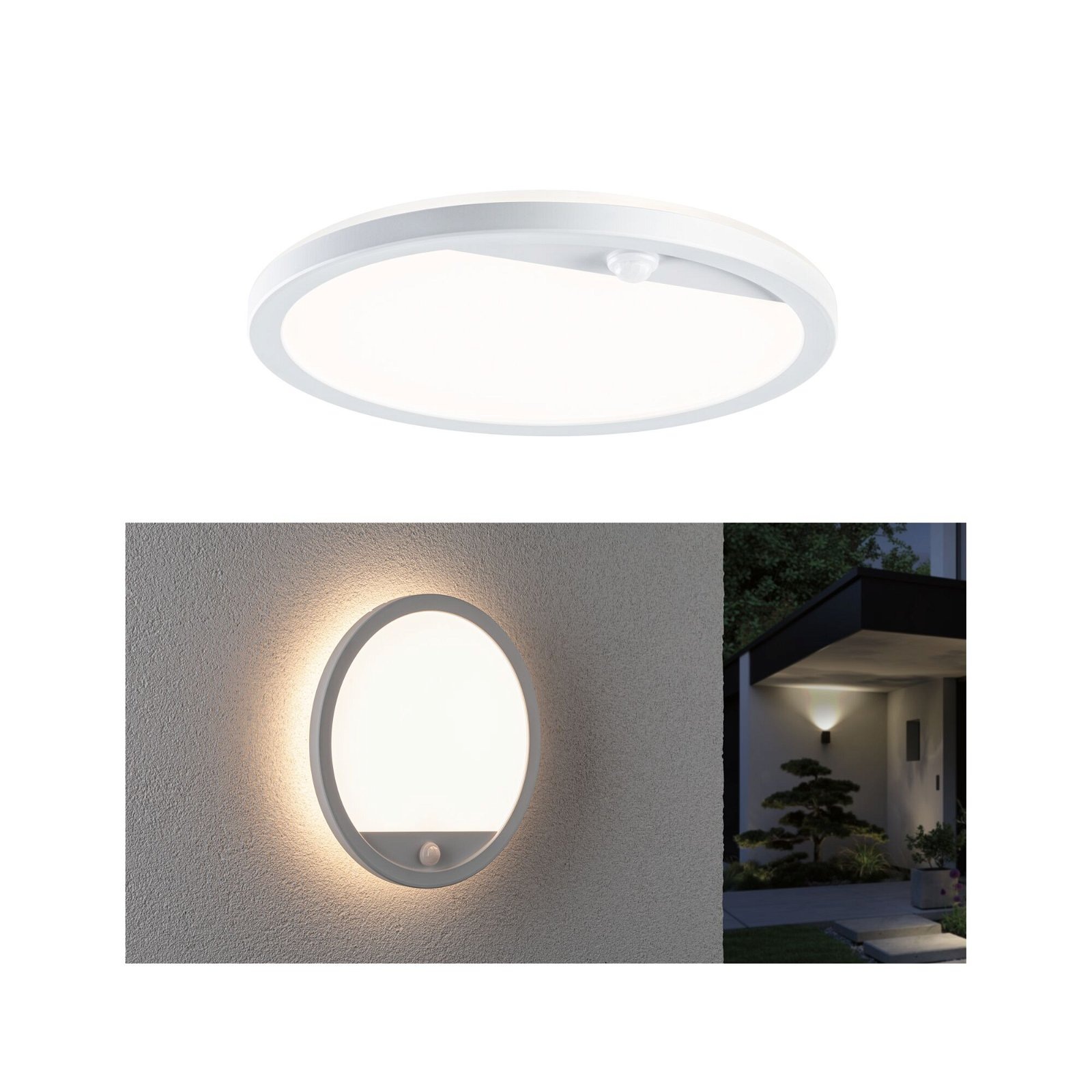 Paulmann LED Außen-Wandleuchte »Außenpanel Lamina rund 280mm 3000K 14,5W 1200lm 230V Kunststoff«, 1 flammig, Backlight Bewegungsmelder seewasserresistent IP44 1200lm