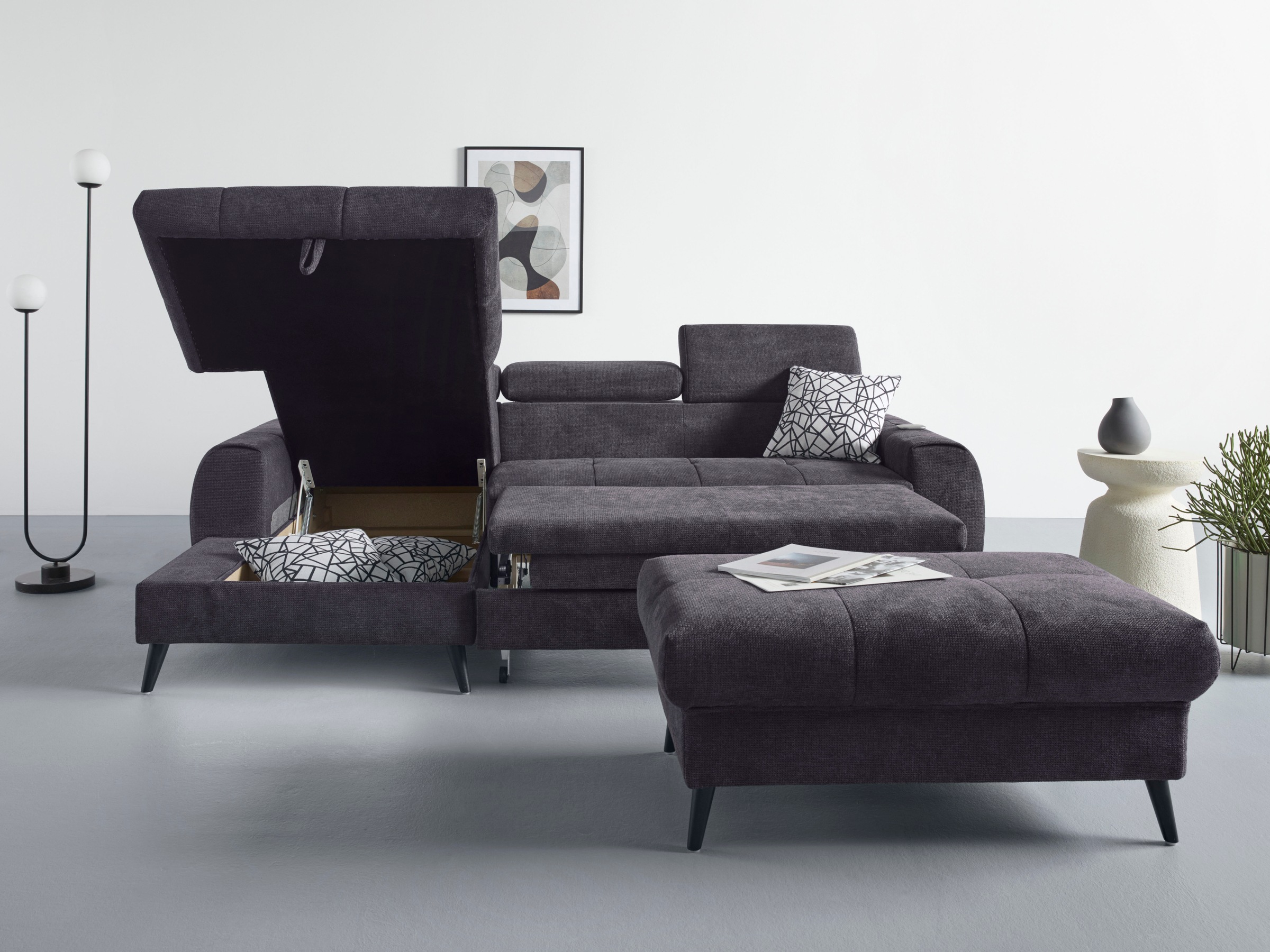 COTTA Ecksofa »Mia L-Form mit 3 Zierkissen«, wahlweise mit Bettfunktion, Bettkasten, Beleuchtung & Wireless-Charger