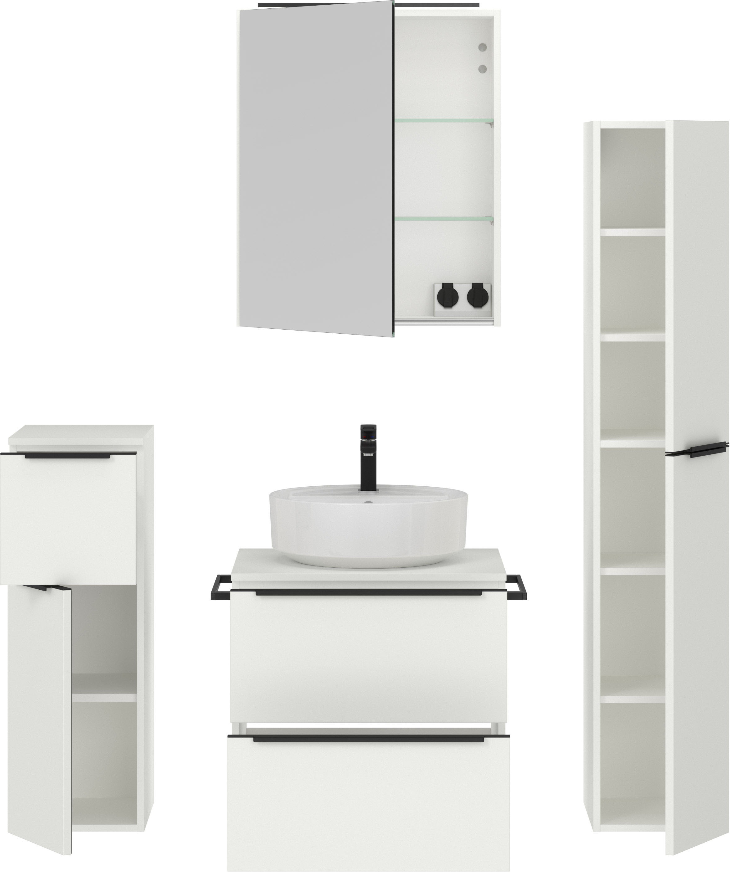 nobilia® Badmöbel-Set »Alvene«, (4 St., vormontiert, mit Soft-Close), inkl. Spiegelschrank mit Beleuchtung und Dimmerfunktion, in 4 Breiten