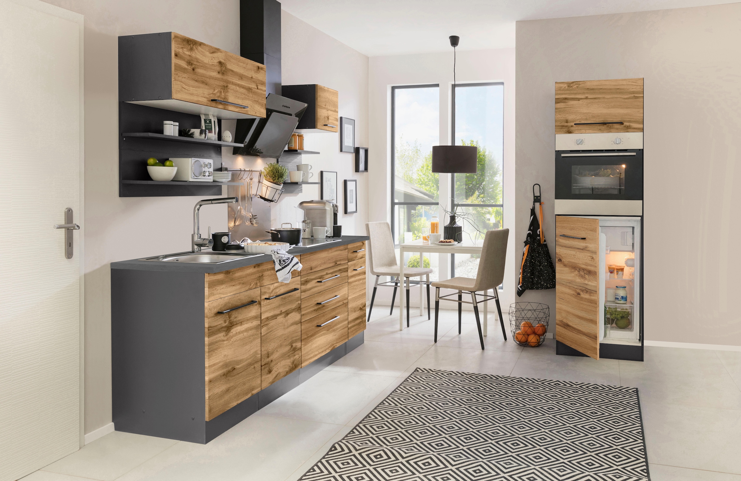 KOCHSTATION Küchenzeile »KS-Tulsa«, mit E-Geräten, Breite 290 cm, schwarze Metallgriffe, MDF Fronten