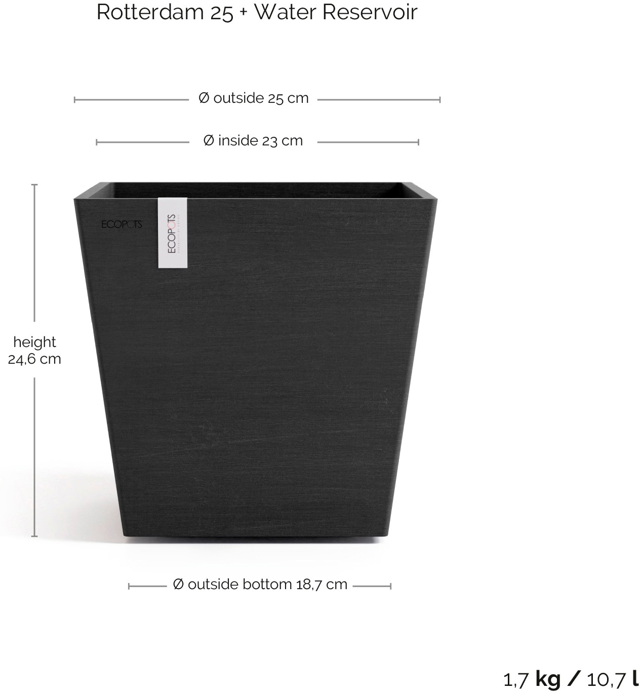 ECOPOTS Blumentopf »Rotterdam 25 + Wassersystem Dunkelgrau« für innen und außen: frostsicher, bruchsicher und lichtbeständig