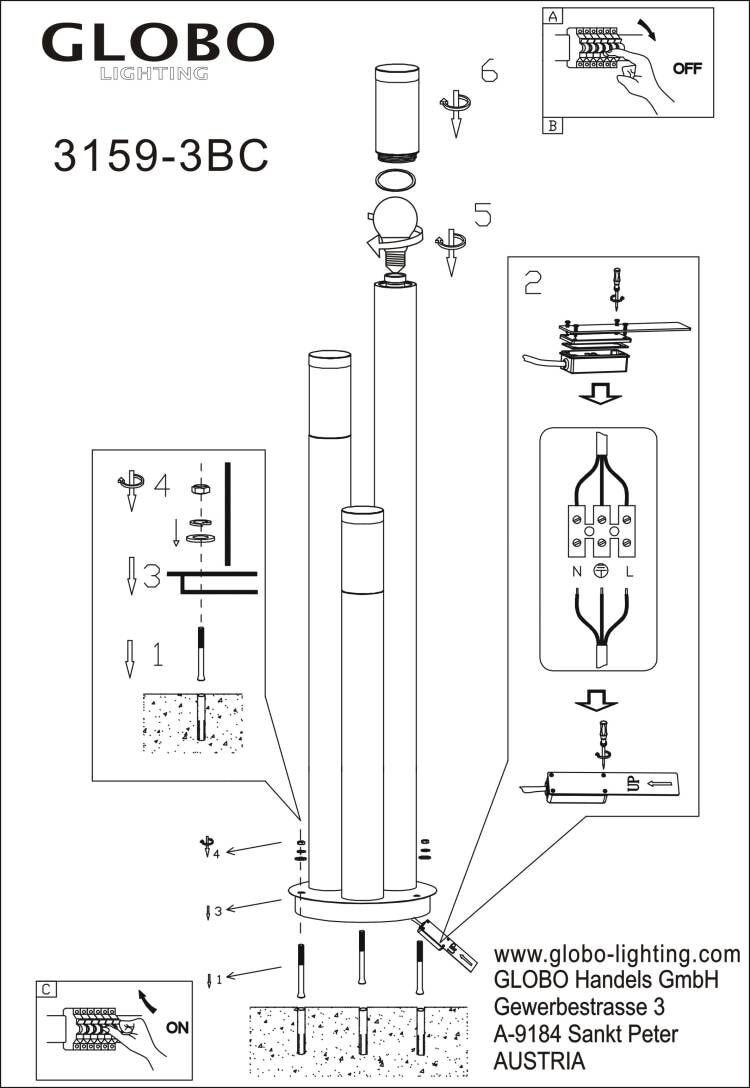 GLOBO LIGHTING Außen-Stehlampe »BOSTON« E27 1 Stk. Außenleuchte Edelstahl/Kupfer, 3 Zylinder, IP44, E27