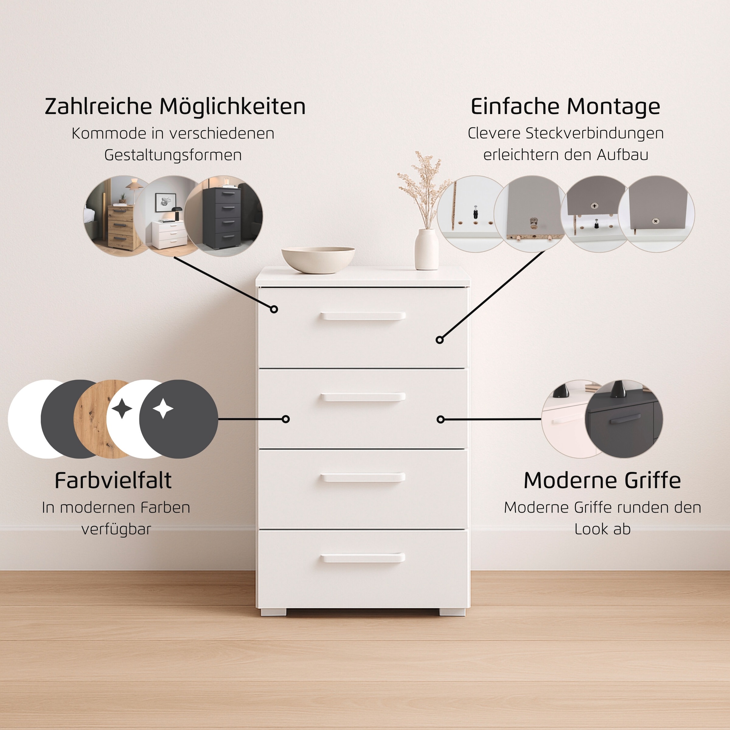 rauch Schubkastenkommode »Sideboard Schubladenkommode OTELI mit Dekor- und Hochglanzfront« Breite 40 cm inkl. Soft-Close-Funktion,  mit 4 geräumigen Schubladen für viel Stauraum MADE IN GERMANY