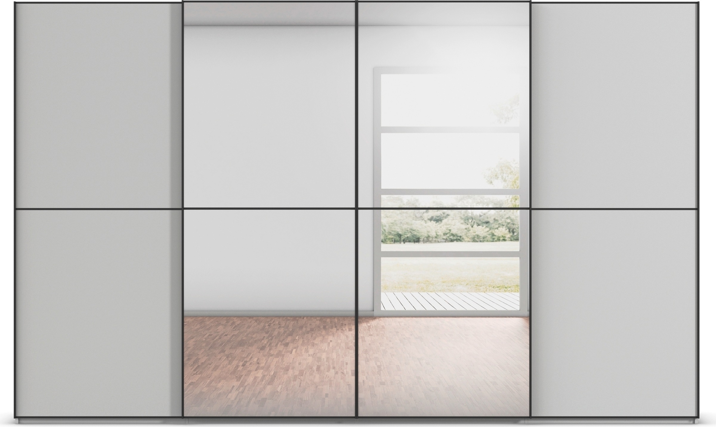 rauch Schwebetürenschrank »Kleiderschrank Schrank Garderobe Schlafzimmerschrank SCALE-DUO«, edle zweigeteilte Türen, Spiegel und 3 Zierleisten MADE IN GERMANY