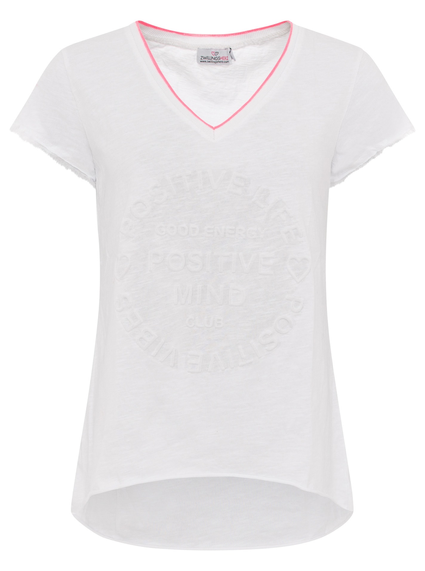 Zwillingsherz Kurzarmshirt »"Positive Mind Neonkante"« ausgefranste Kanten, V-Ausschnitt mit Neonkante, kurzarm, Stempeldruck