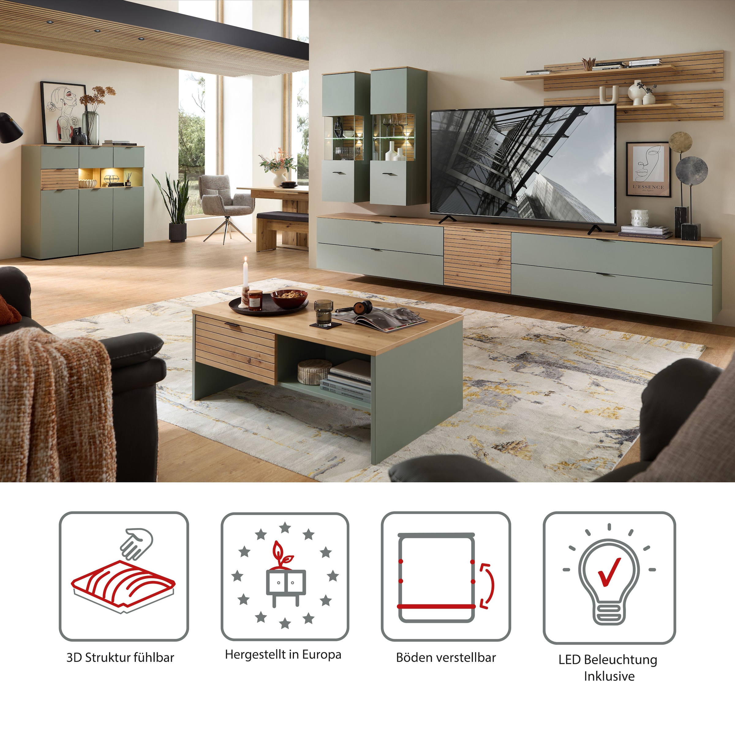 Innostyle Wohnwand »Ina Wohnwand,  340x185x44 cm (B/H/T)« 7 Stk. tlg.