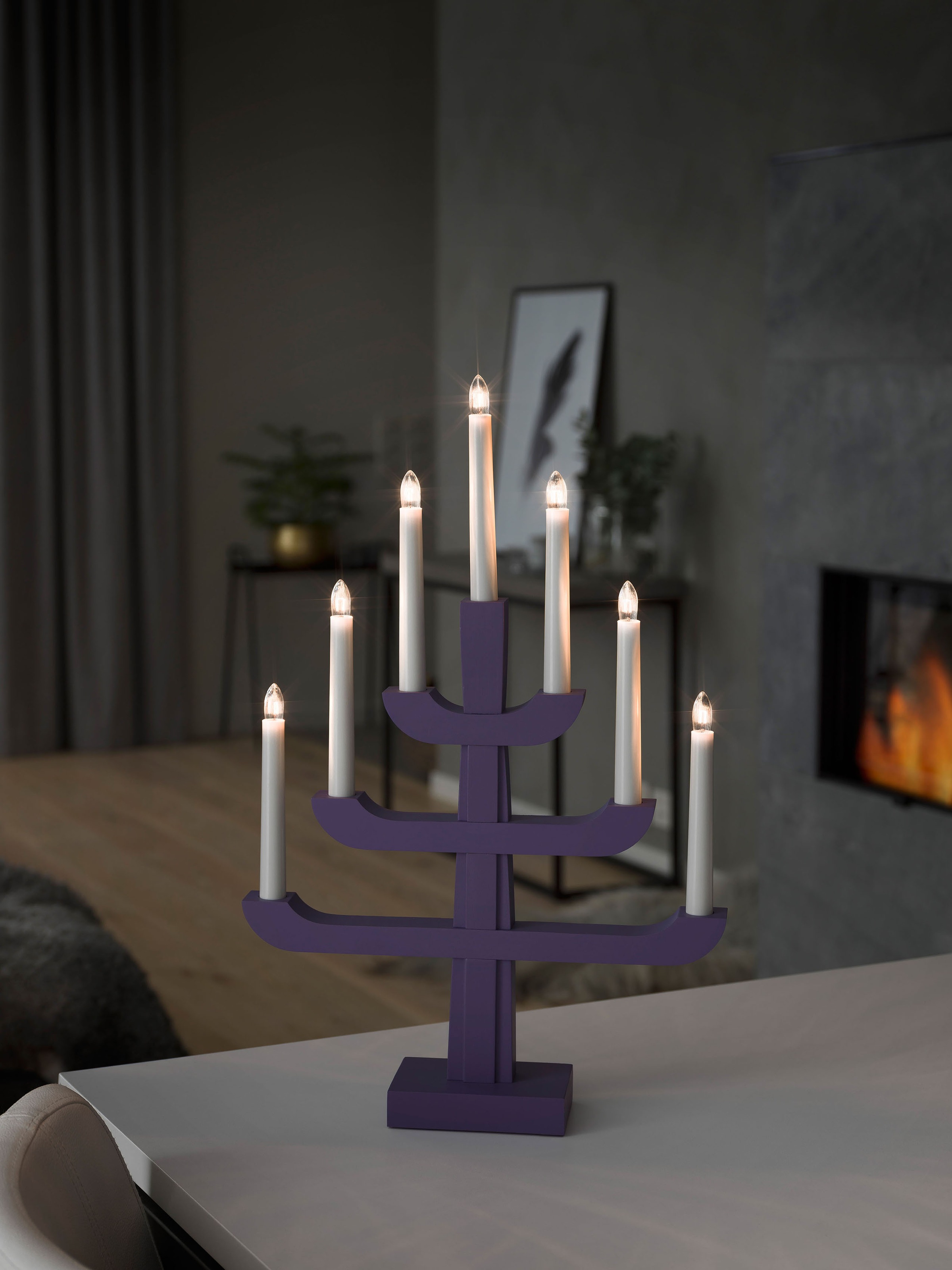 KONSTSMIDE Fensterleuchter »Weihnachtsdeko«, 7 flammig, Leuchtmittel E10 | Leuchtmittel wechselbar, Holzleuchter, blau/purpurfarben lackiert