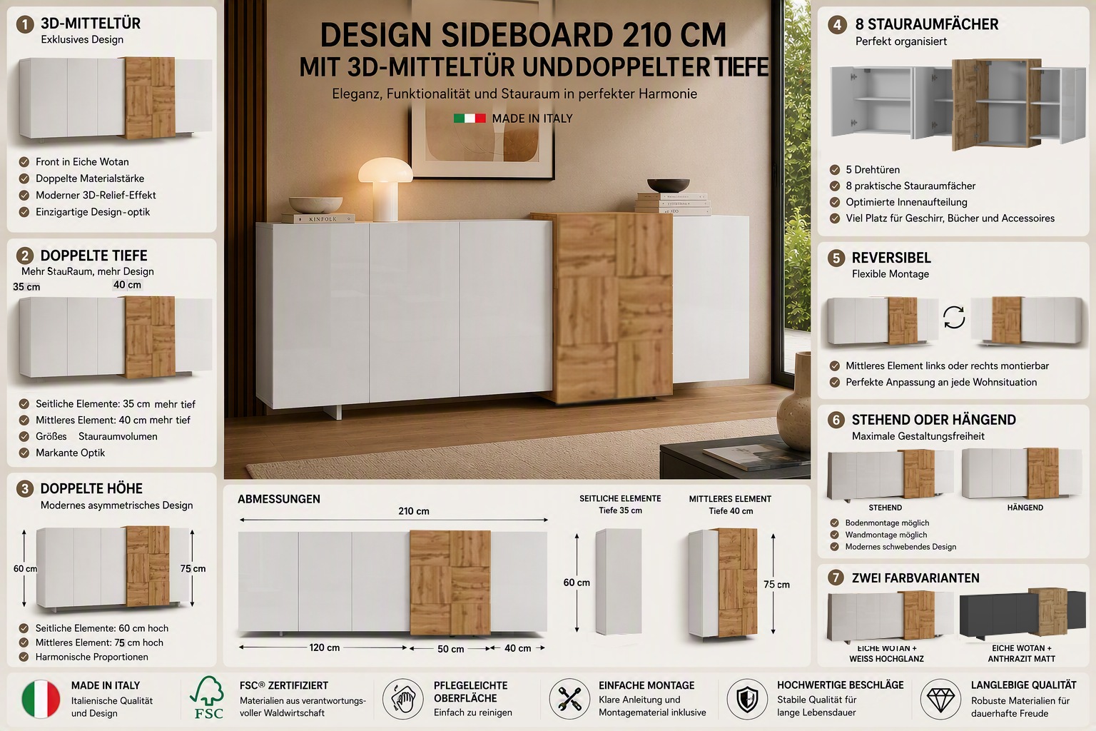 OTTO home Sideboard »Lowboard NEXOS,Lowboard,TV-Kommode,TV-Möbel,TV-Bank,« 1 Stk. tlg. Mit 5 Drehtüren, 8 geschlossenen Fächern, reversibel, B. 210 cm