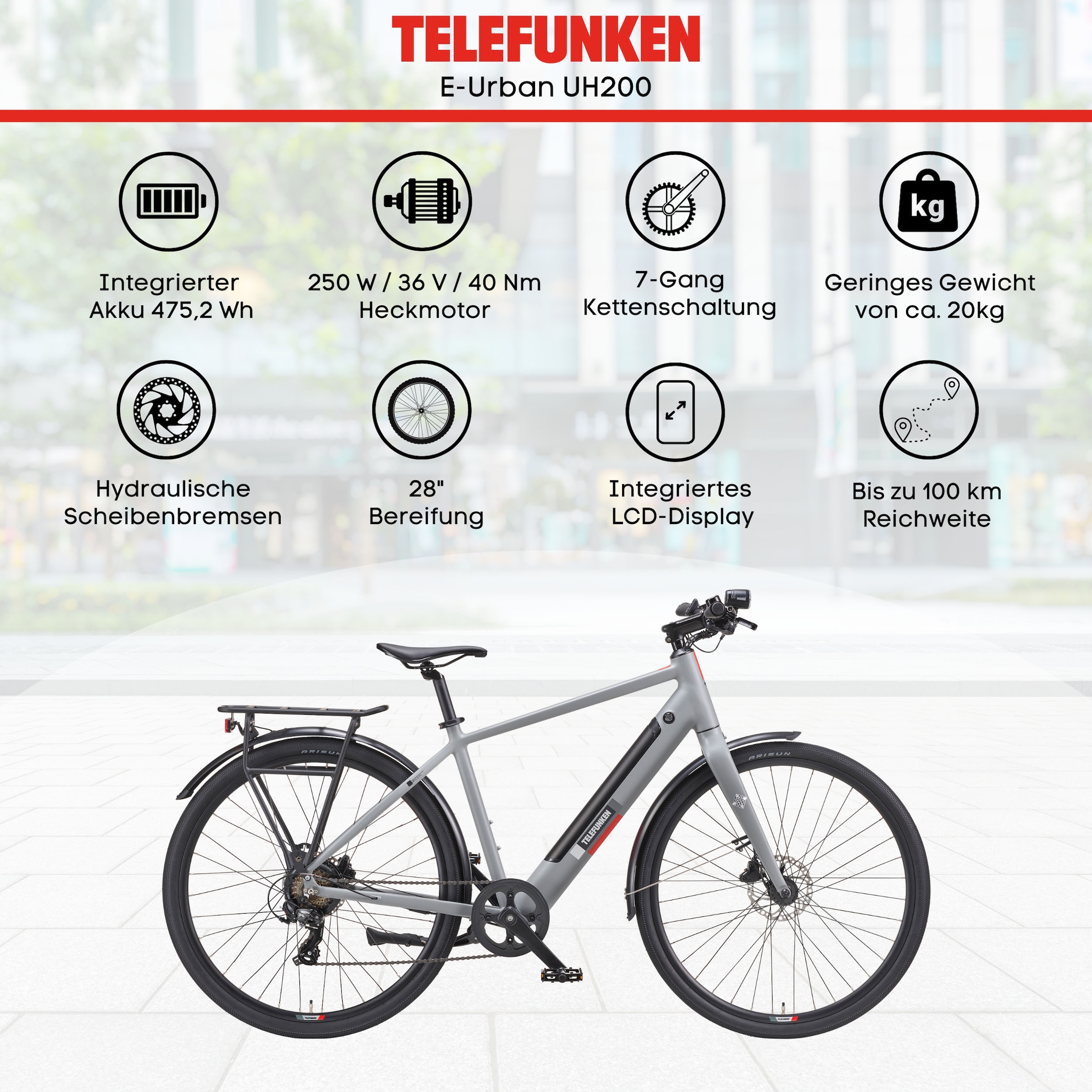 Telefunken E-Bike »UH200«, 7 Gang, Shimano, Heckmotor 250 W, (28 Zoll, Straßenzulassung, Scheibenbremsen, leichtes E-Bike ca. 20 kg), Pedelec, Elektrofahrrad für Herren u. Damen, Urbanbike